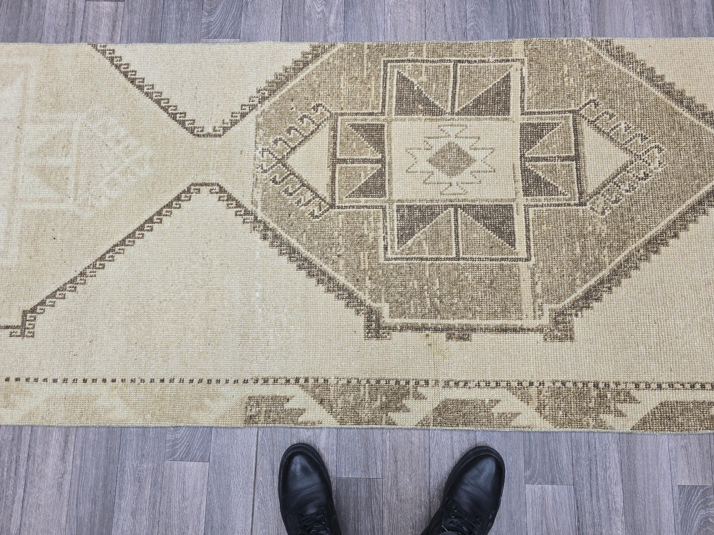 Vintage Persian Runner Rug: Cream Beige Wool Hallway Carpet, 3x13 Boho Rug