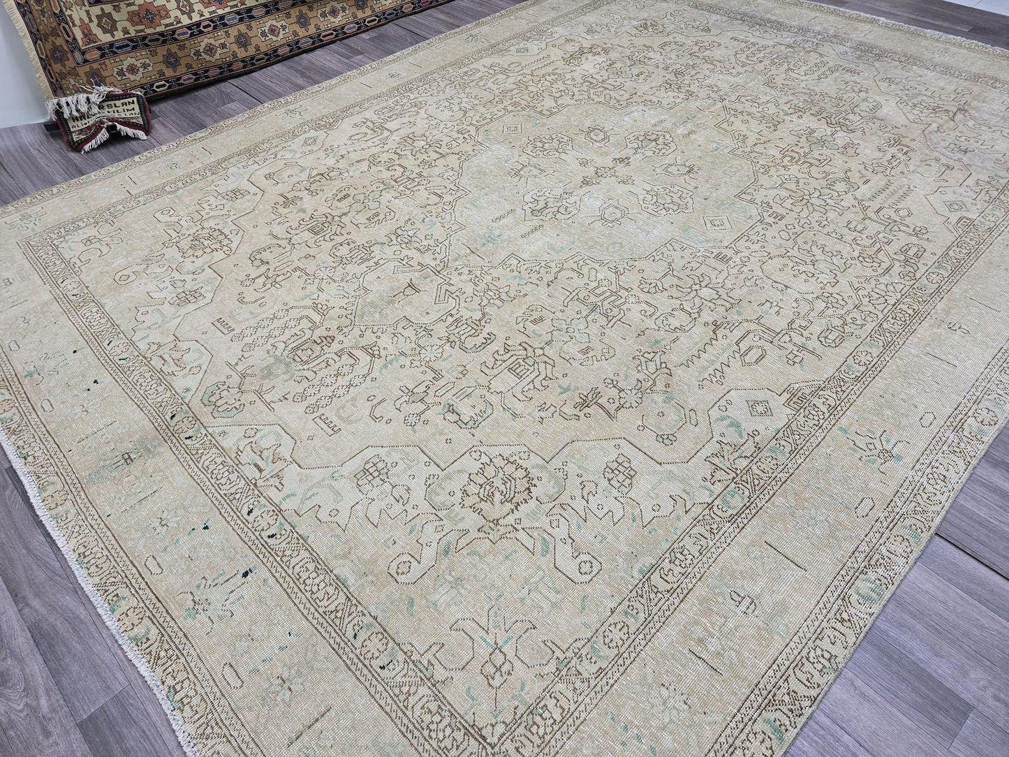 9x12 Vintage Heriz Rug: Neutral Oriental Wool, Large Area Rug
