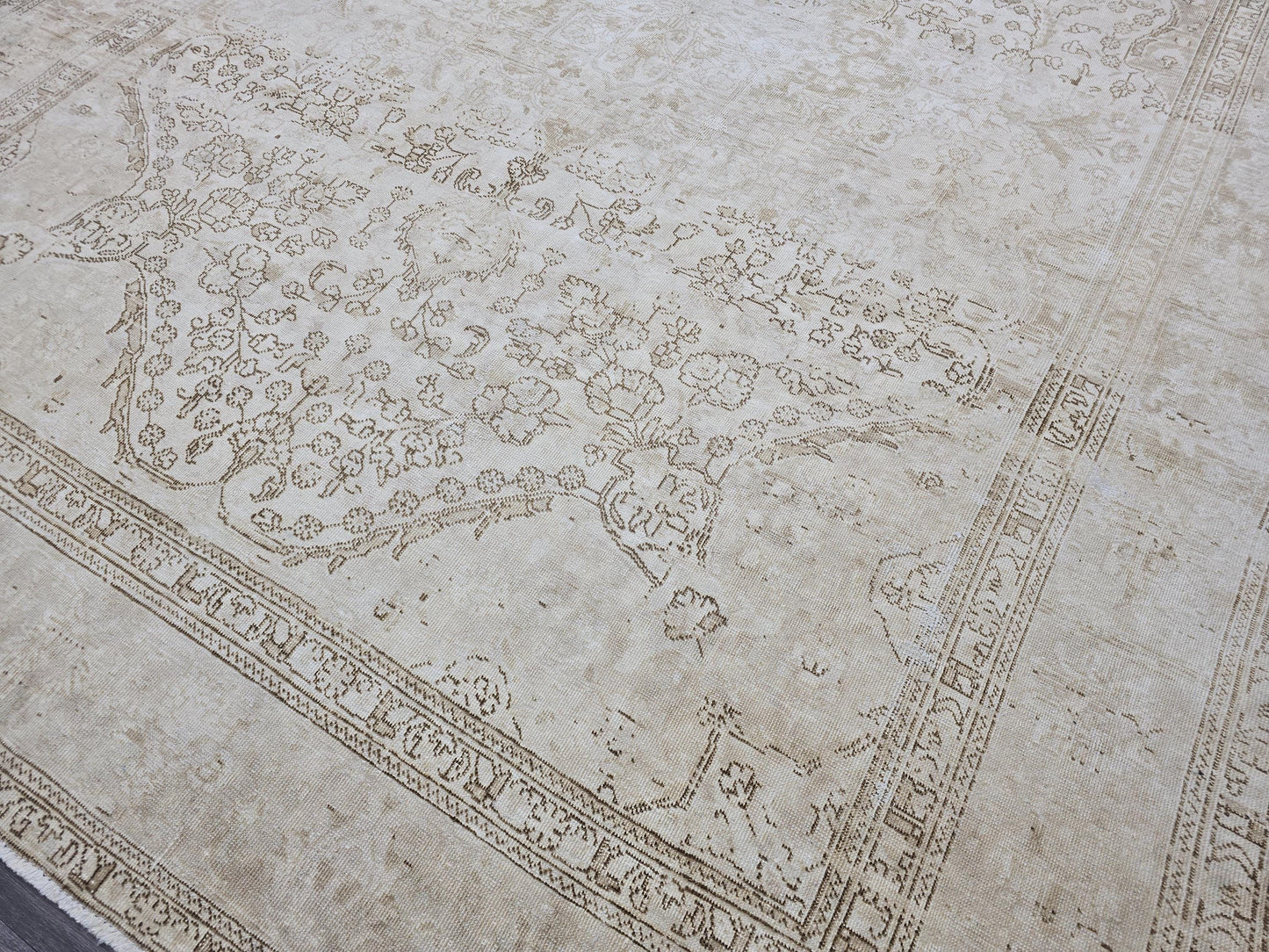 9x12 Vintage Turkish Rug Oushak | Beige Cream Large Area Carpet Handmade Wool Rug