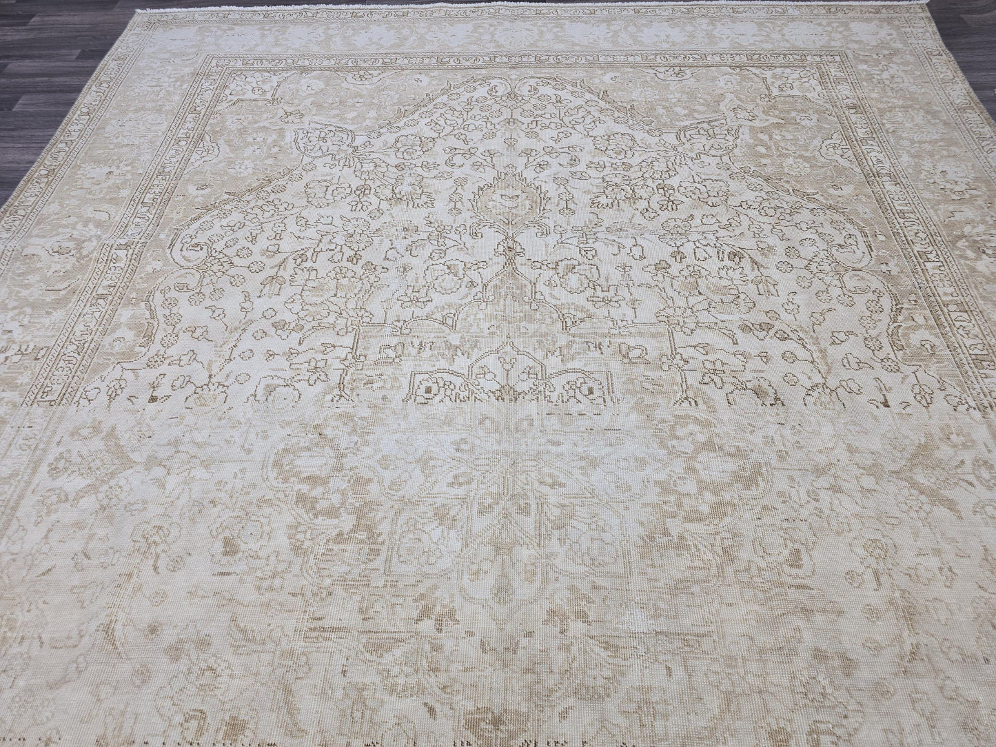 9x12 Vintage Turkish Rug Oushak | Beige Cream Large Area Carpet Handmade Wool Rug