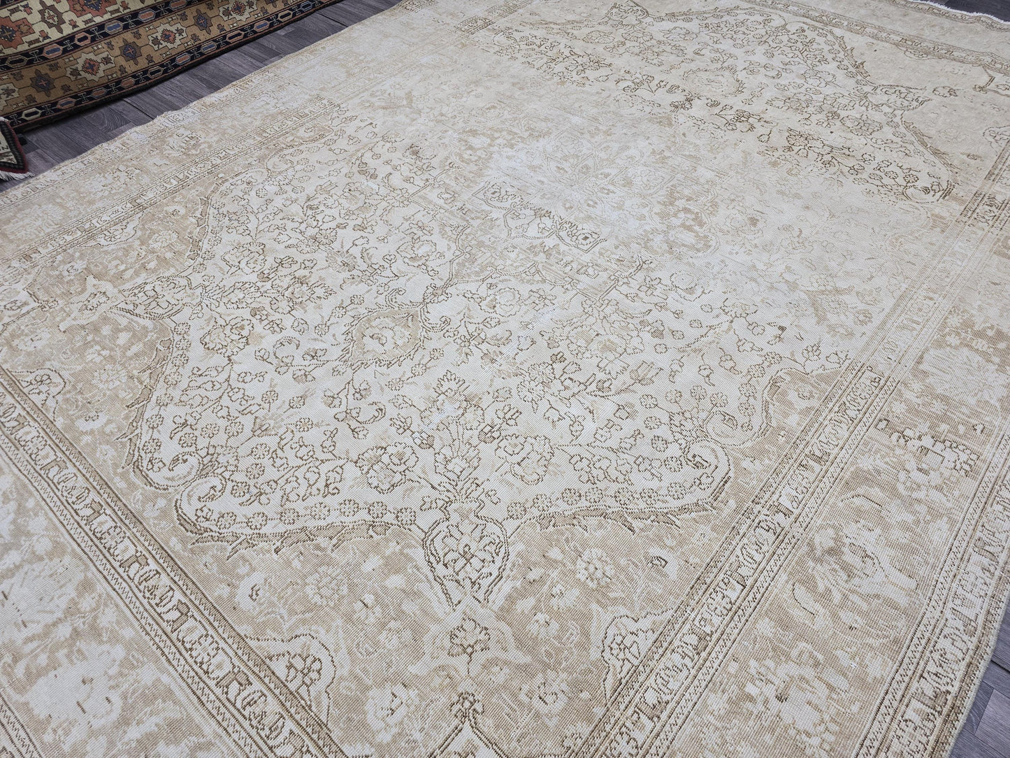 9x12 Vintage Turkish Rug Oushak | Beige Cream Large Area Carpet Handmade Wool Rug