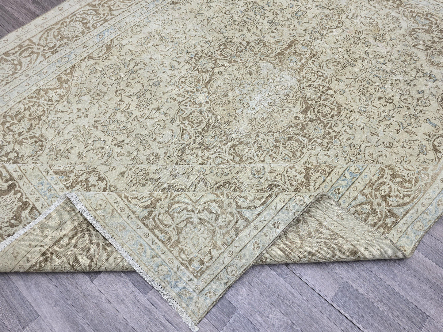 Vintage Turkish Rug 9x12 Beige Oushak Carpet, Handmade Wool Area Rug, Large Neutral Living Room Rug