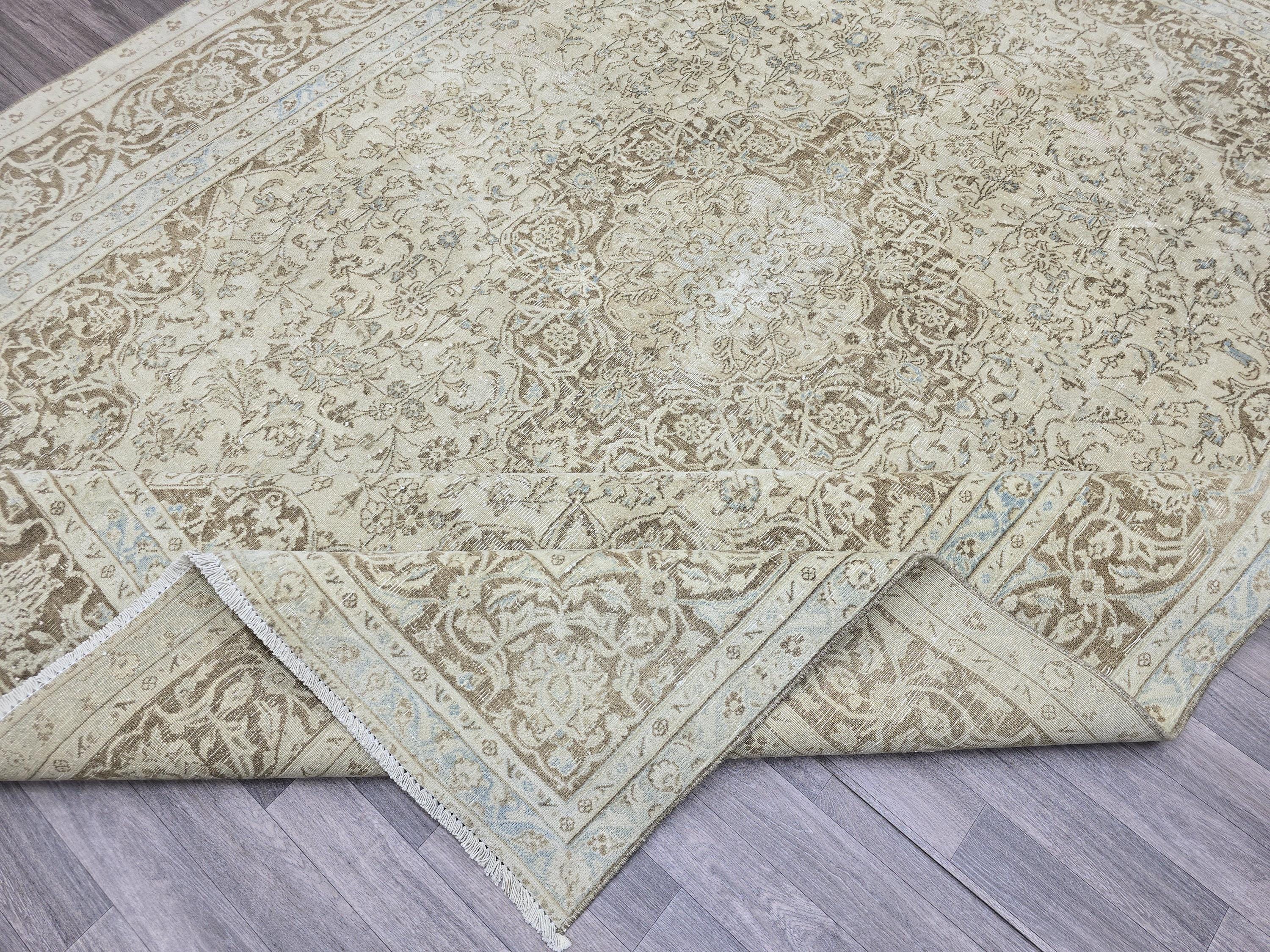 Vintage Turkish Oushak Rug 9x12: Handmade Wool Beige Floral Carpet