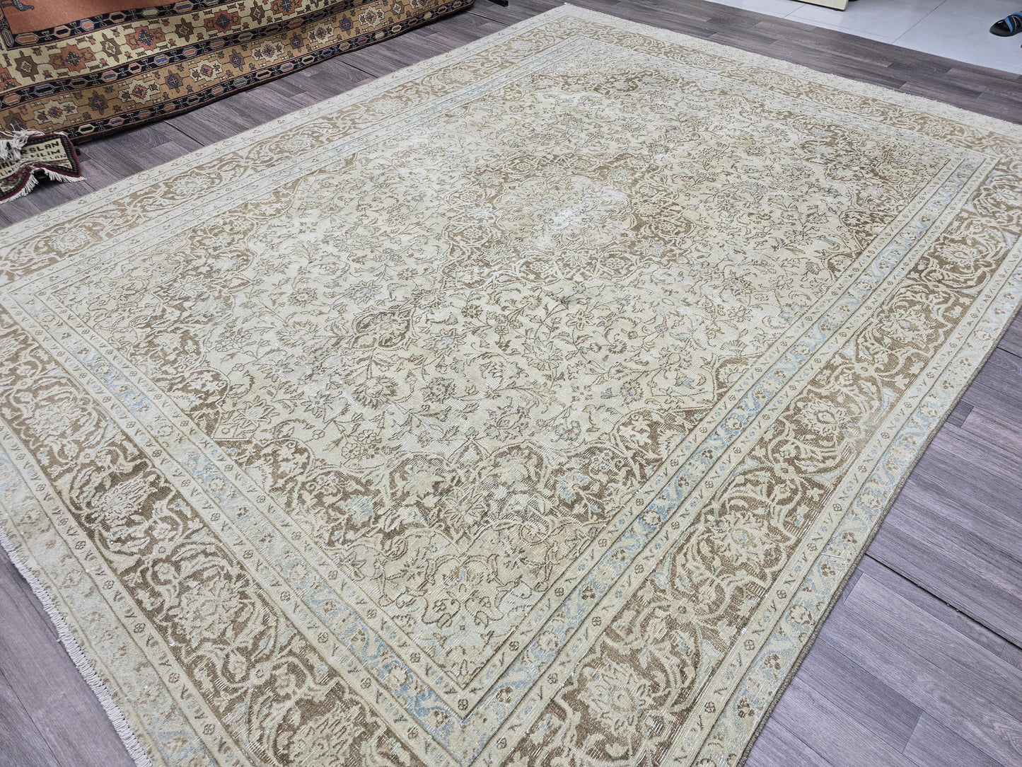 Vintage Turkish Rug 9x12 Beige Oushak Carpet, Handmade Wool Area Rug, Large Neutral Living Room Rug