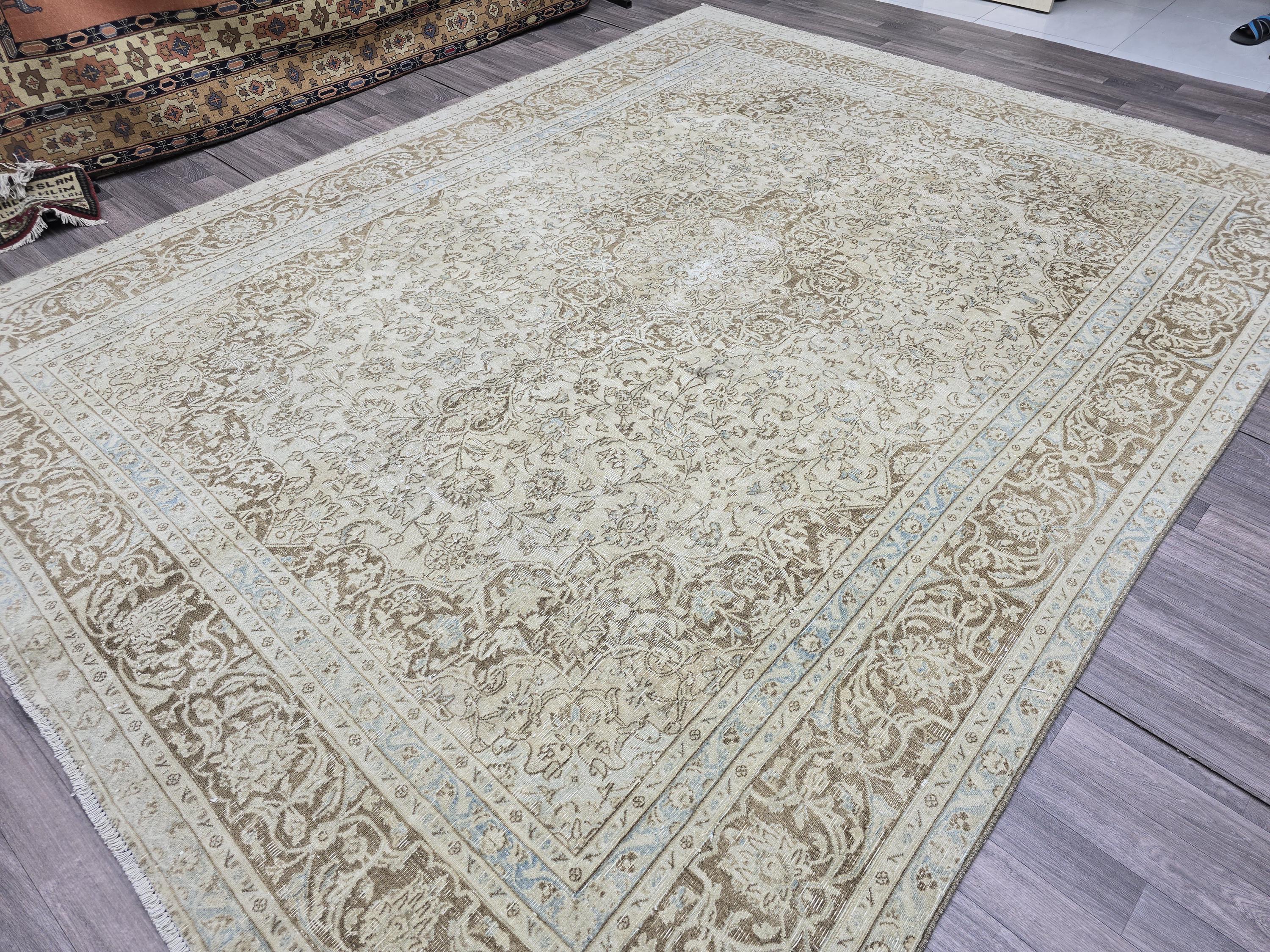 Vintage Turkish Oushak Rug 9x12: Handmade Wool Beige Floral Carpet