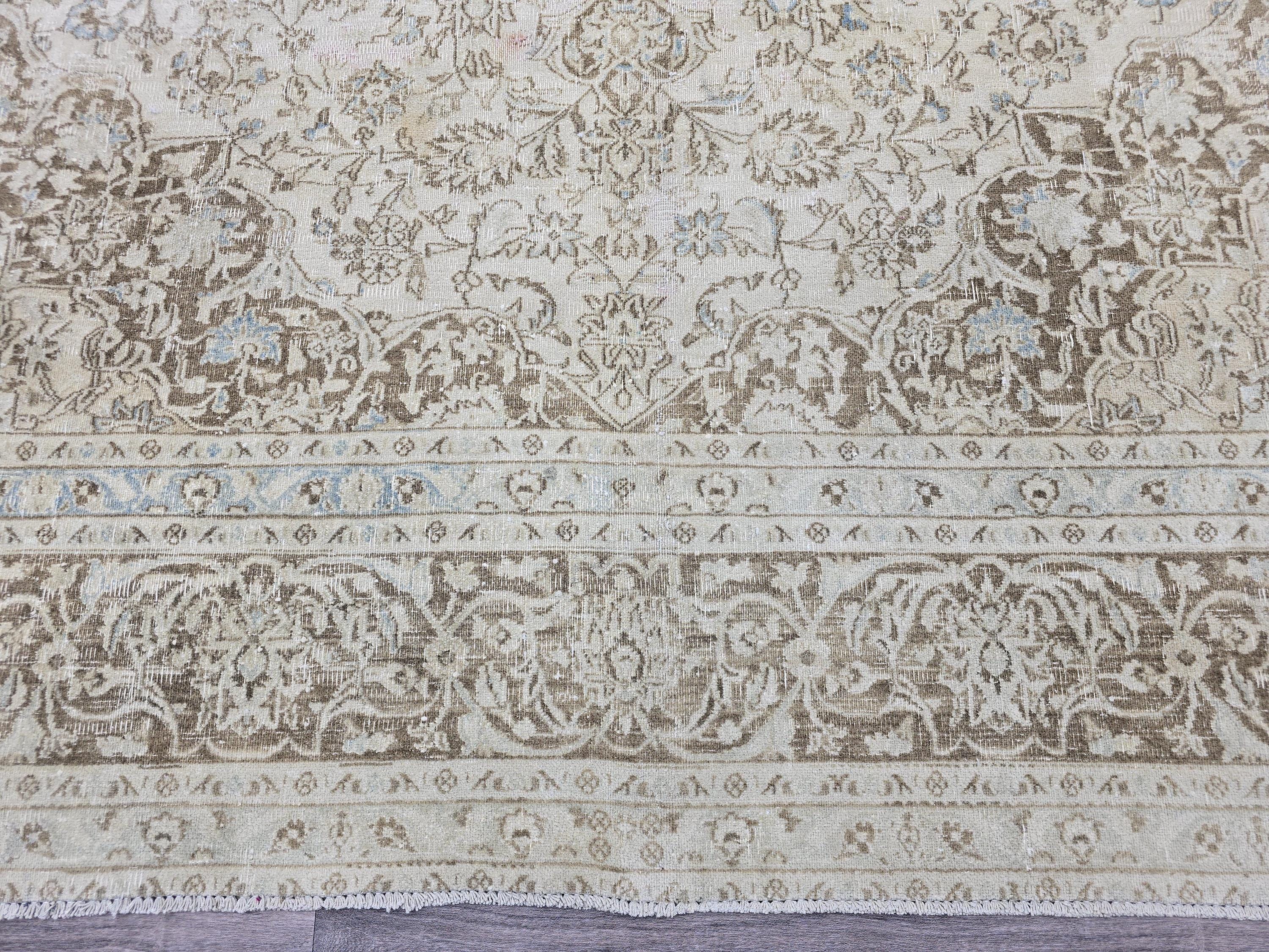 Vintage Turkish Oushak Rug 9x12: Handmade Wool Beige Floral Carpet