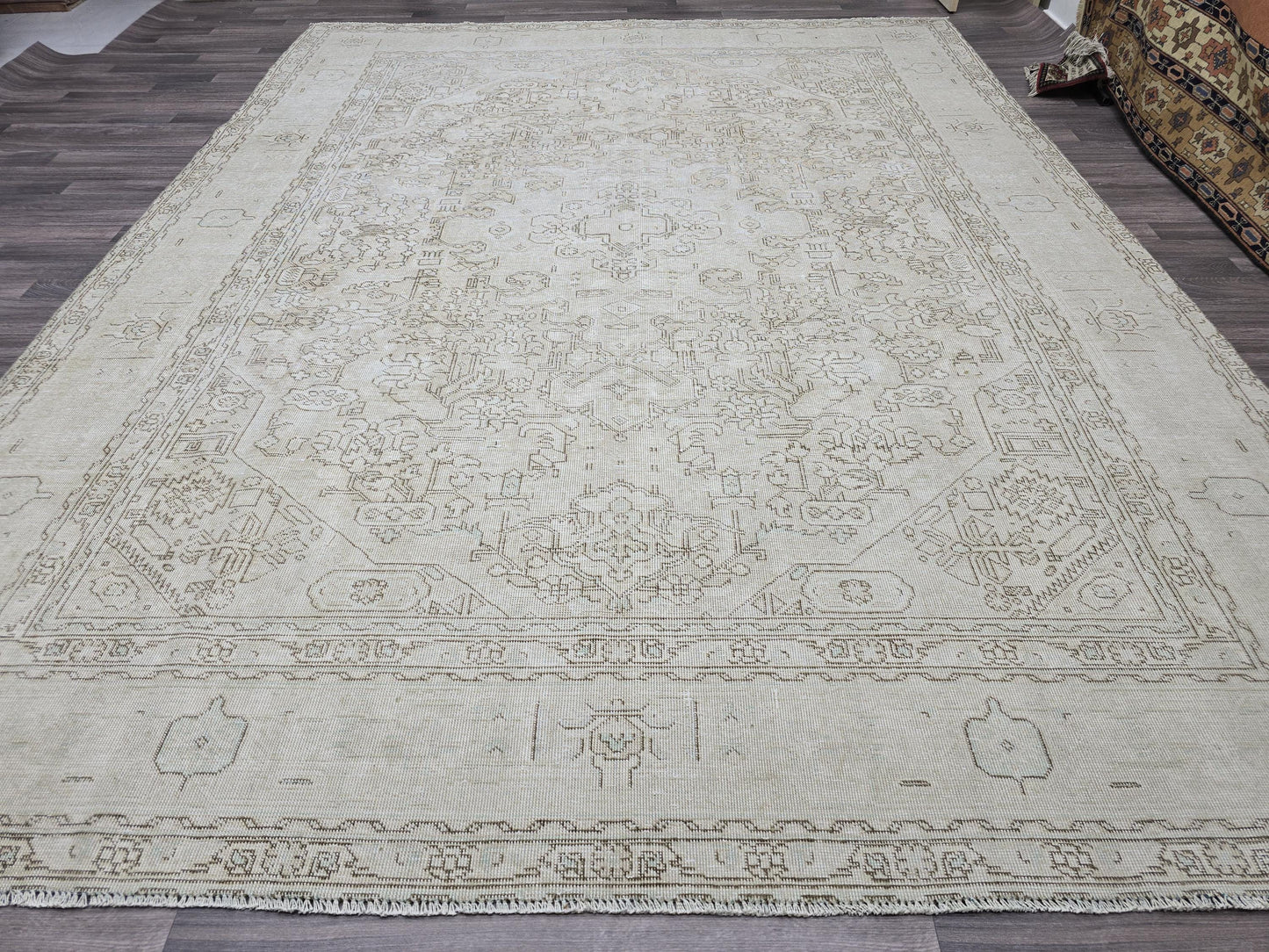9x12 Vintage Distressed Turkish Oushak Area Rug | Neutral Beige Cream Ivory Large Area Rug | Traditional Farmhouse Living Room Rug 9x12
