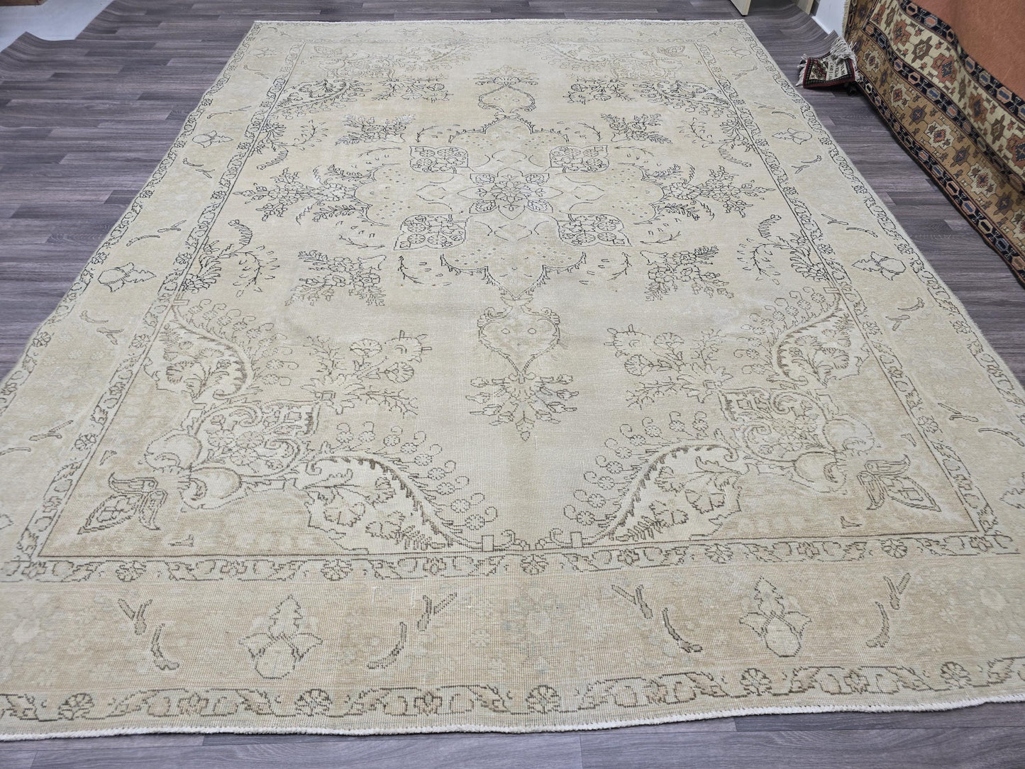 Turkish Rug 9x12 - Oversized Neutral Area Rug - Muted Vintage Rug Extra Large - Faded Oushak Rug - Cream Beige Brown Carpet