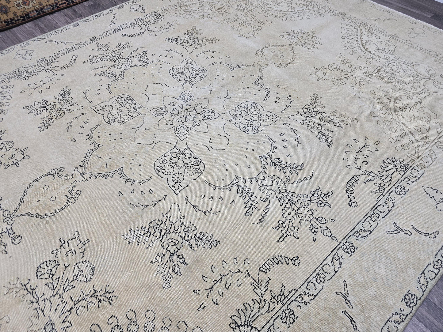 Turkish Rug 9x12 - Oversized Neutral Area Rug - Muted Vintage Rug Extra Large - Faded Oushak Rug - Cream Beige Brown Carpet