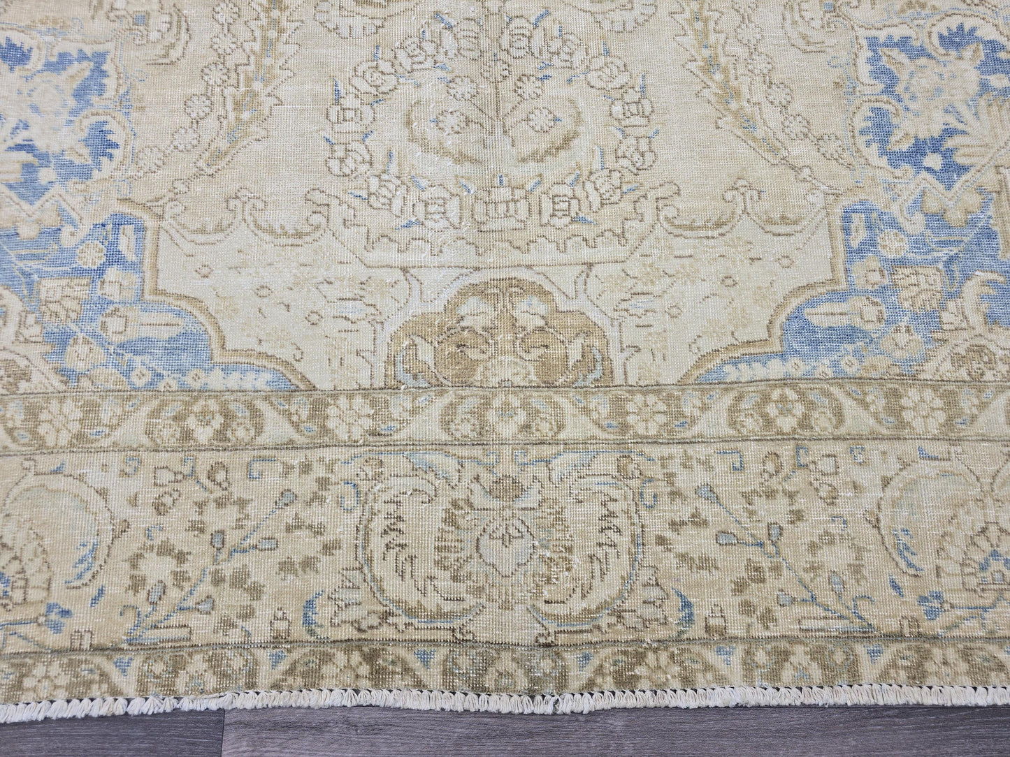 Oversized Vintage Turkish Rug 9x12: Hand-Knotted Distressed Beige Blue Rug