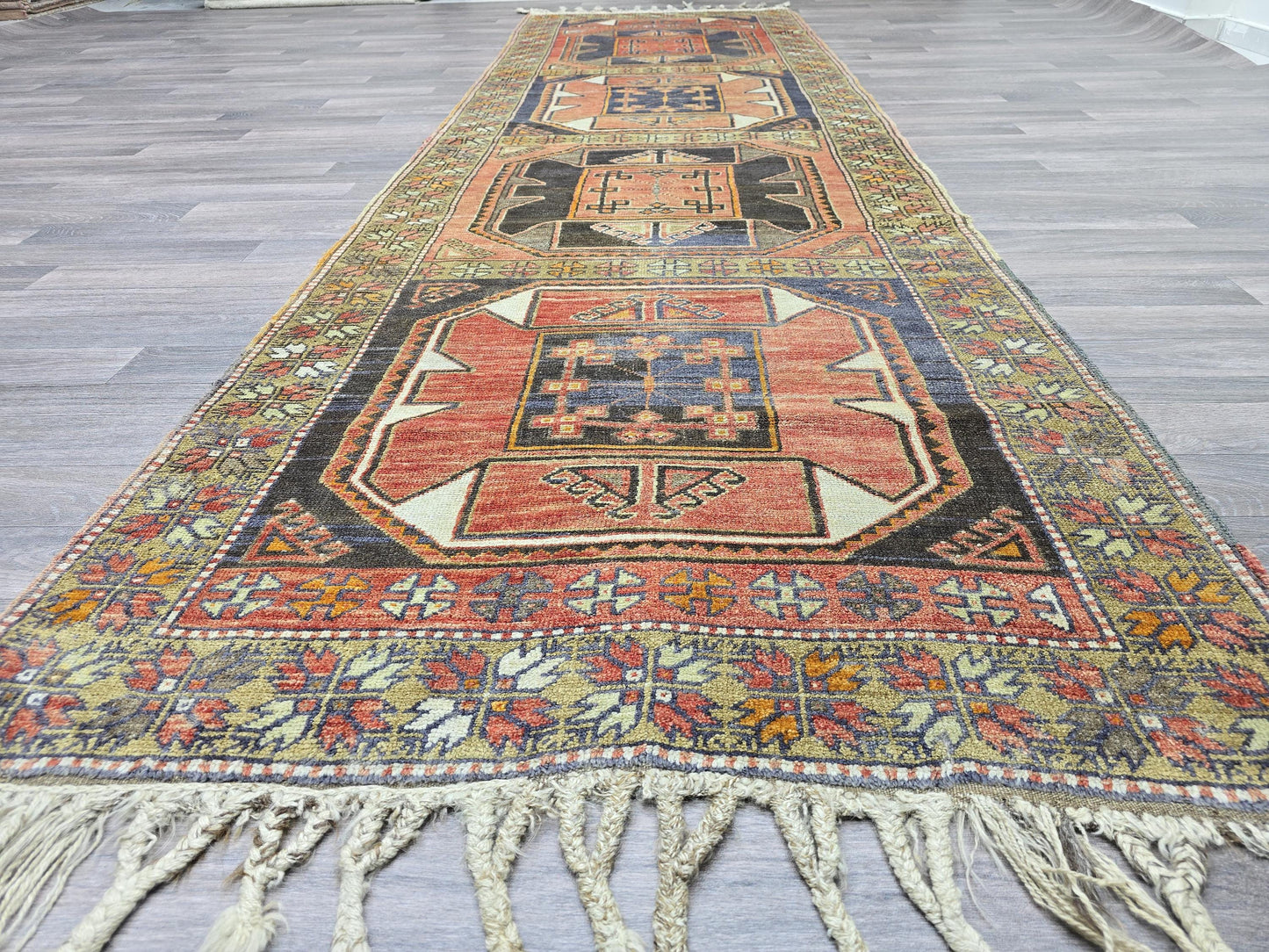 Antique Turkish Runner Rug 3.4x11.5 ft Handknotted Wool Hallway Runner Vintage Oushak Carpet Orange Navy Geometric Persian Rug Runner