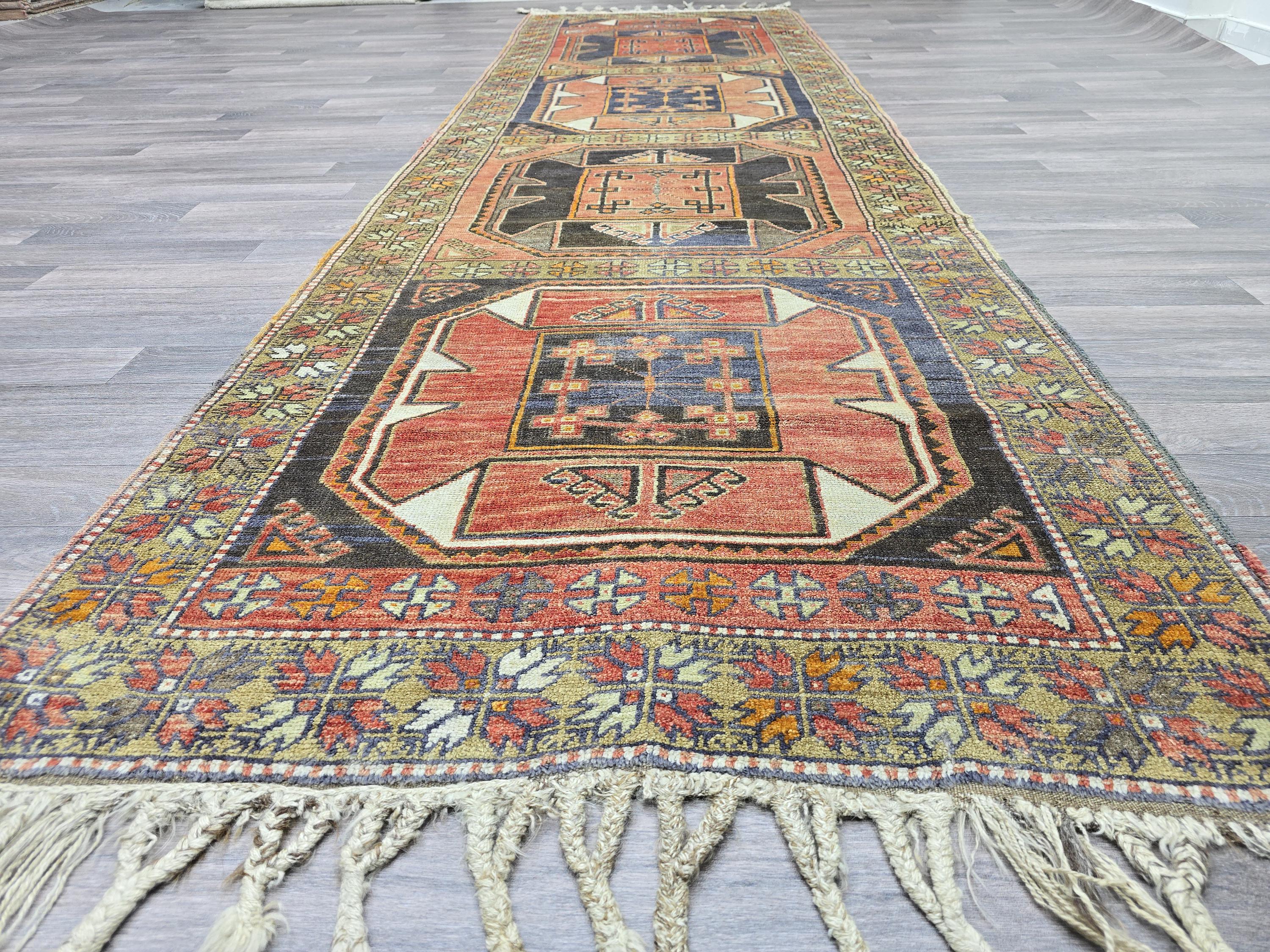 Vintage Turkish Runner Rug: Handknotted Wool Hallway Carpet, 3.4x11.5 ft