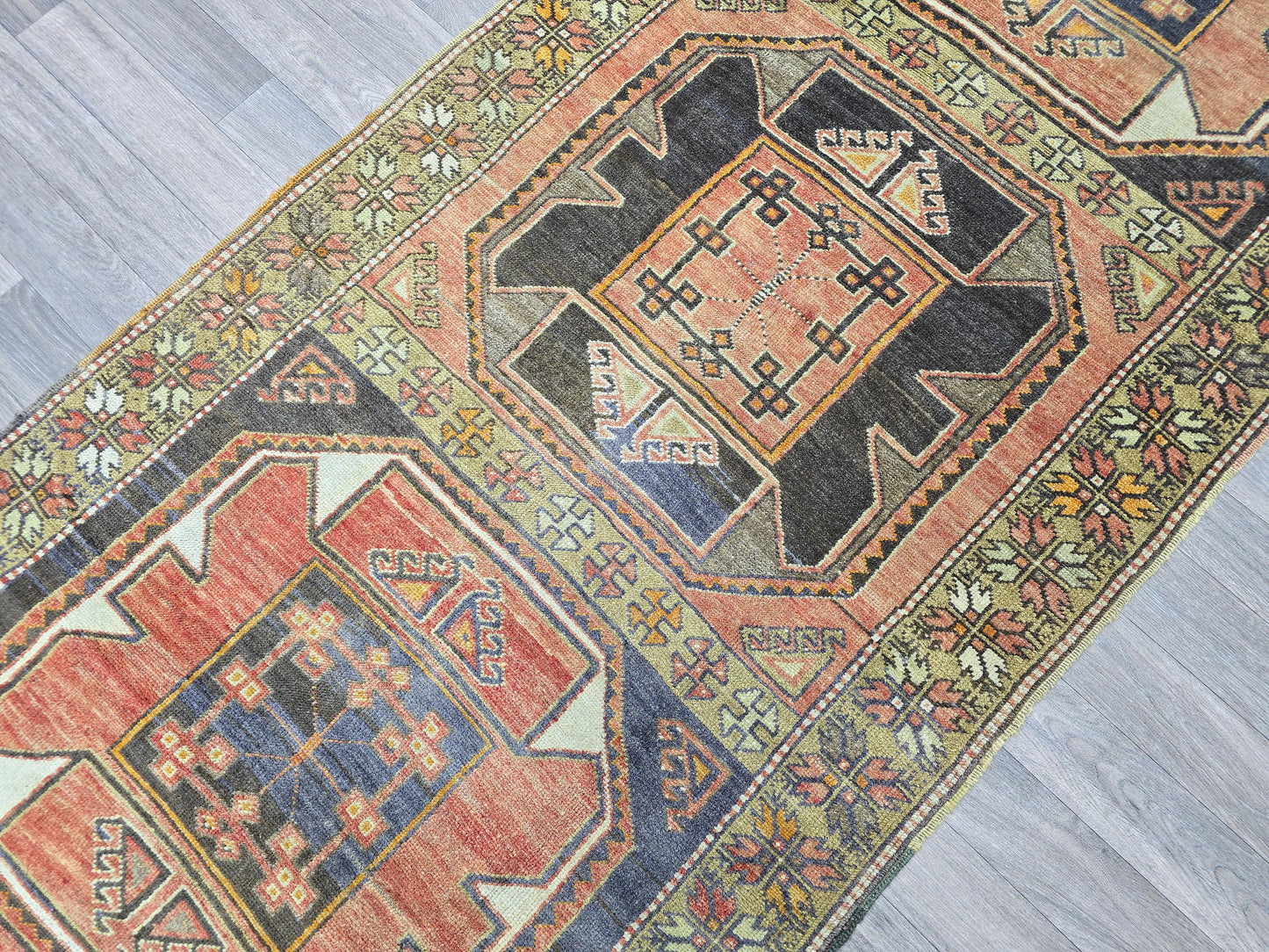 Antique Turkish Runner Rug 3.4x11.5 ft Handknotted Wool Hallway Runner Vintage Oushak Carpet Orange Navy Geometric Persian Rug Runner