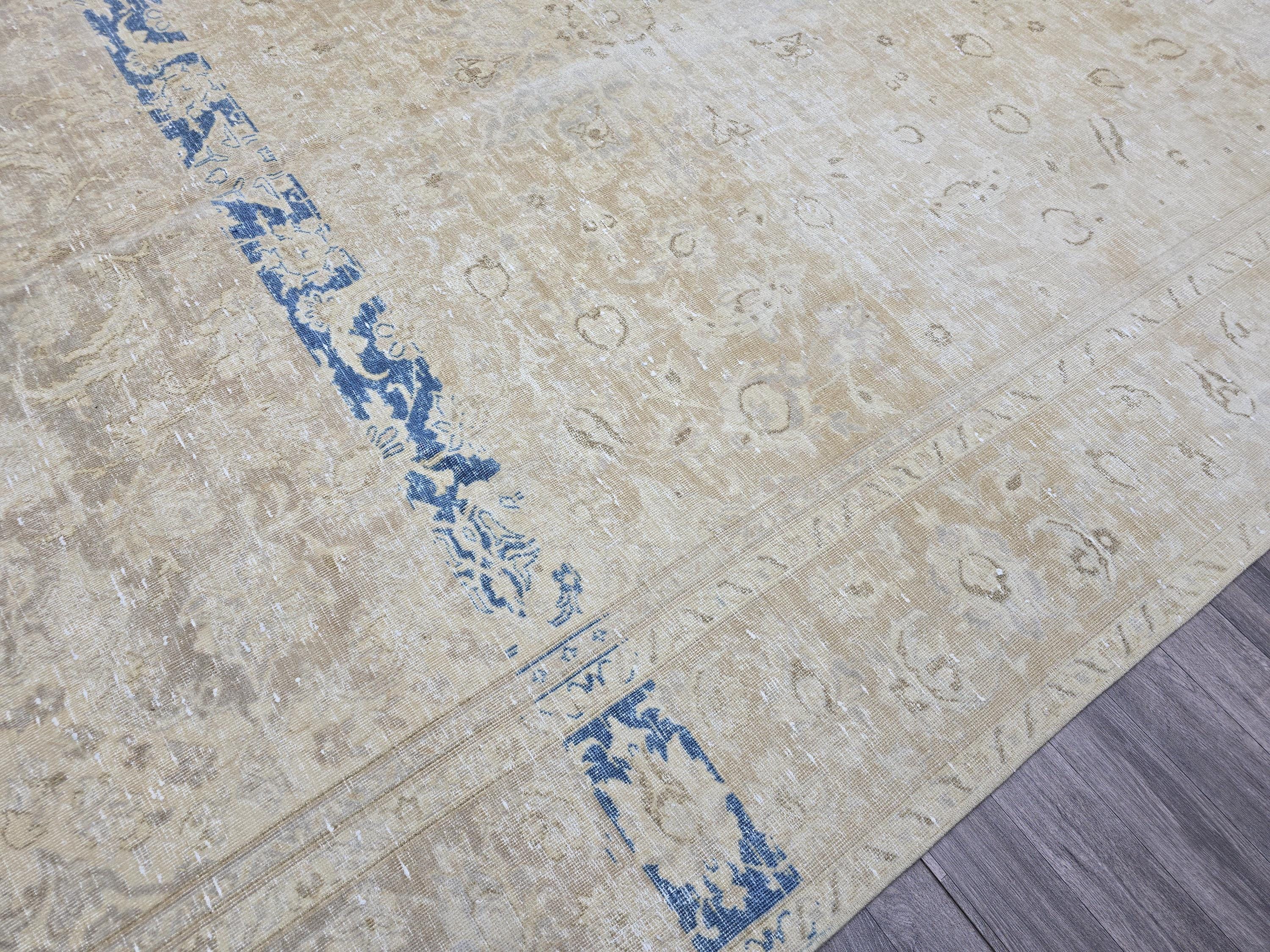 Vintage Turkish Oushak Rug 9x12: Handmade Wool Cream & Blue Boho Carpet