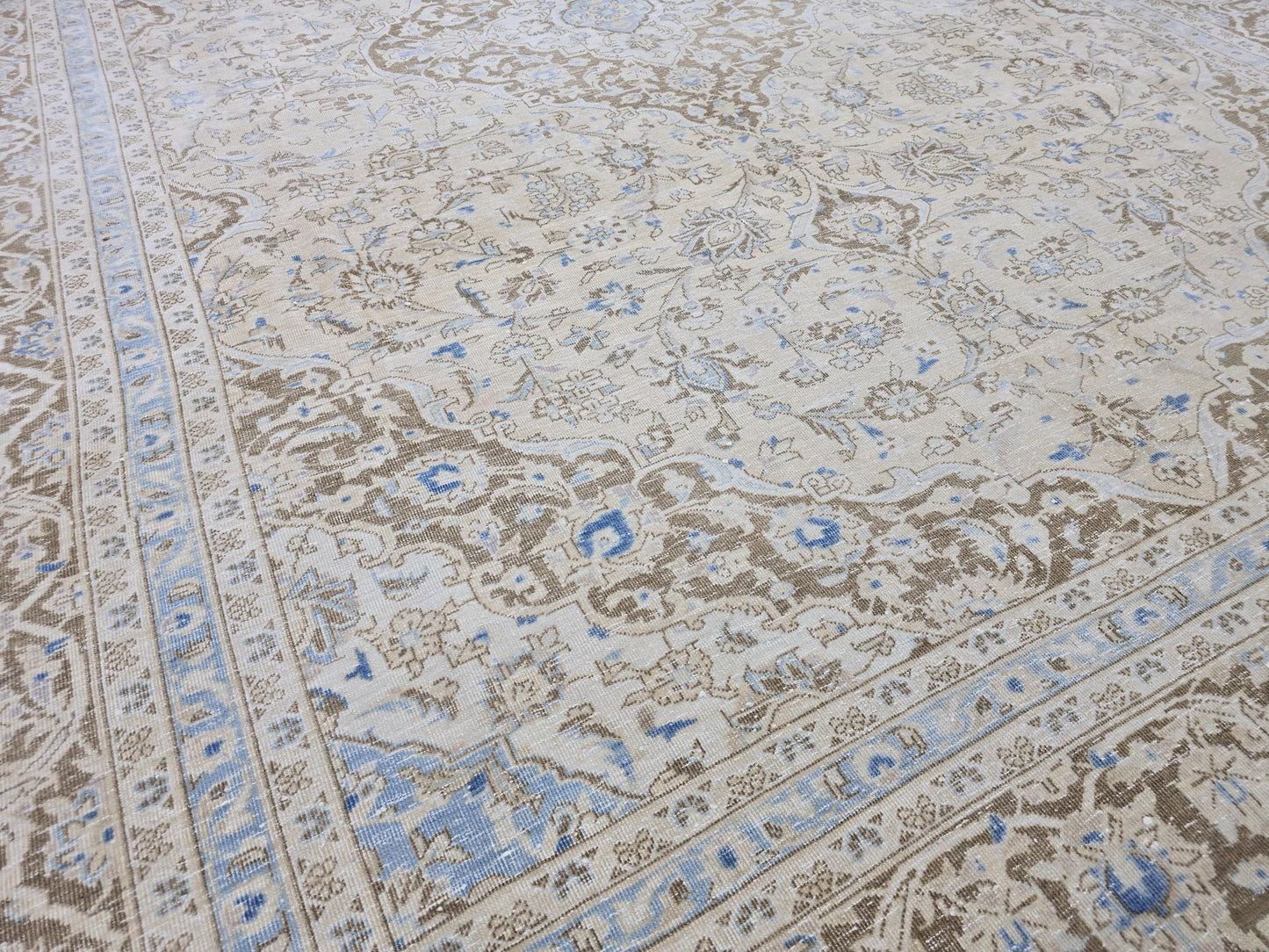 Oushak Area Rug 9x12 ft, Vintage Turkish Rug Blue Beige, Large Persian Carpet, Handmade Wool Rug for Living Room Bedroom Office