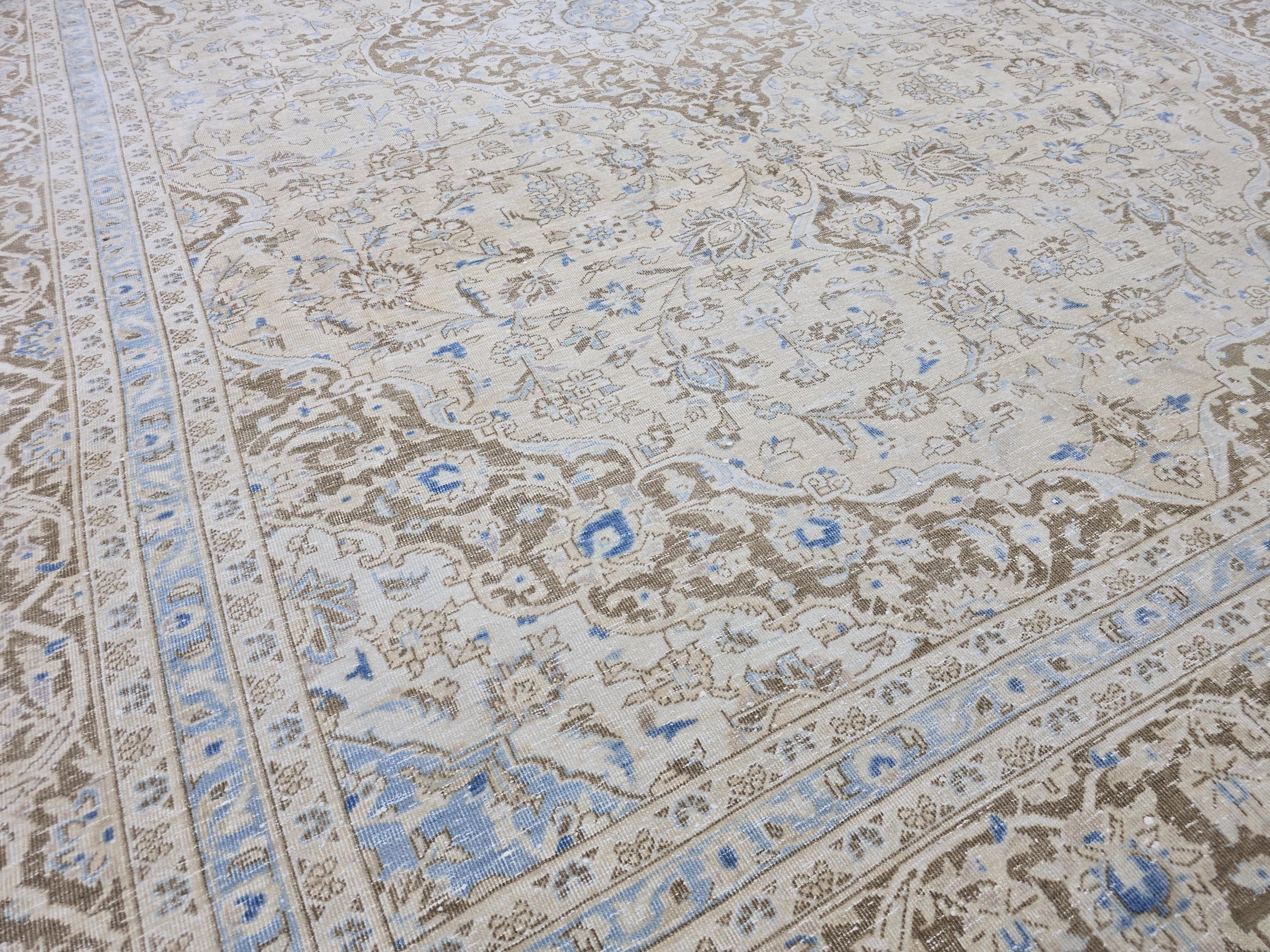 Vintage Oushak Rug 9x12: Handmade Wool, Blue Beige Floral Medallion