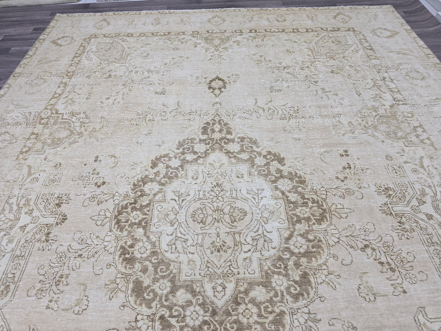 Vintage Turkish Oushak Rug: 9x12 Beige Wool Handmade Carpet