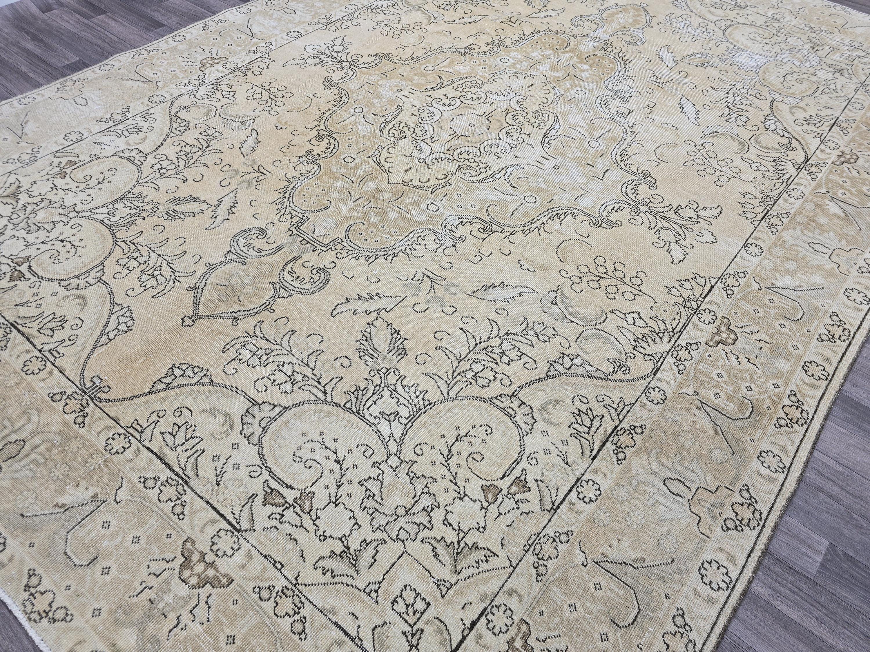9x12 Oversized Vintage Oushak Rug: Distressed Tan Wool Medallion