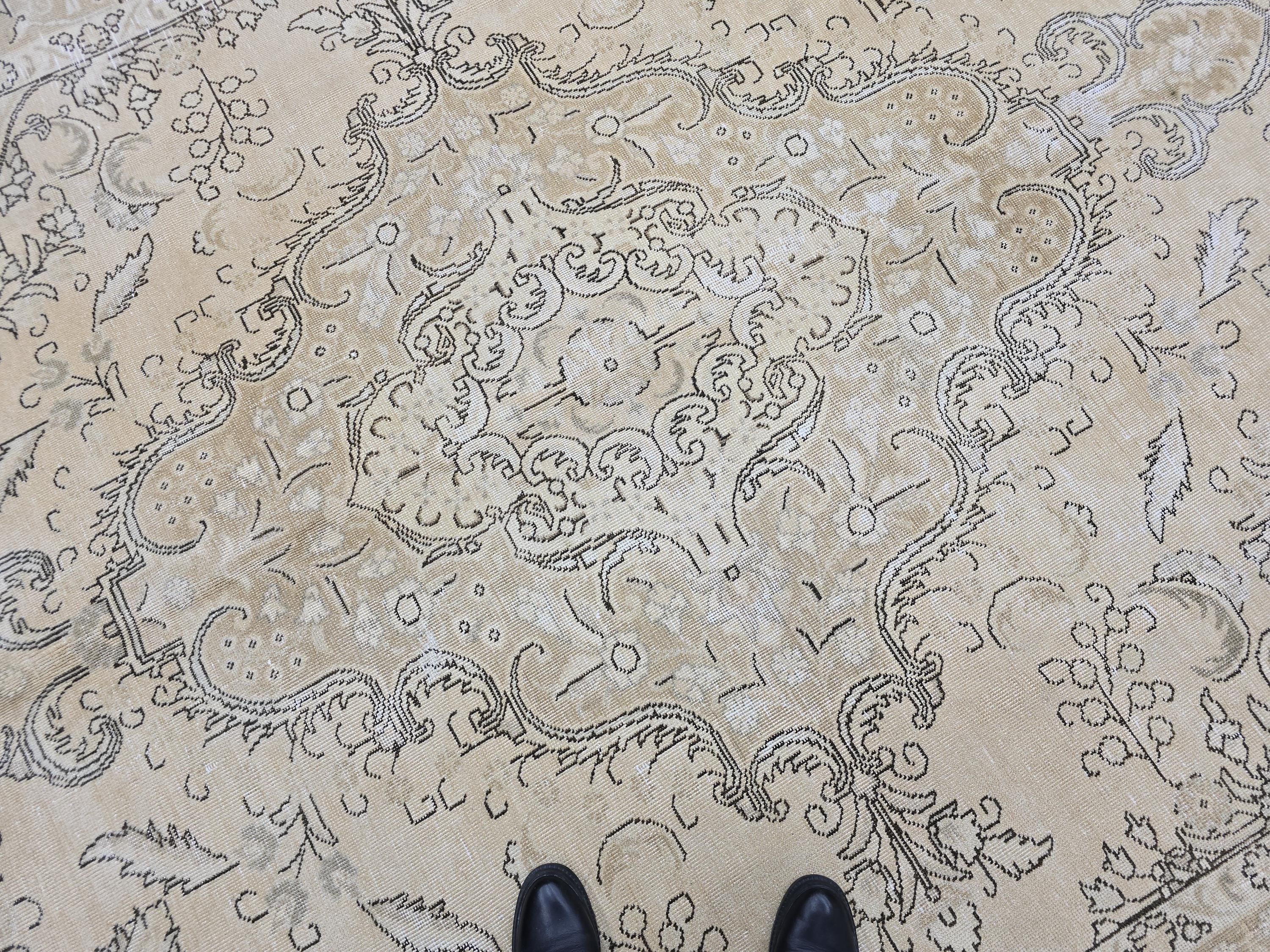 9x12 Oversized Vintage Oushak Rug: Distressed Tan Wool Medallion