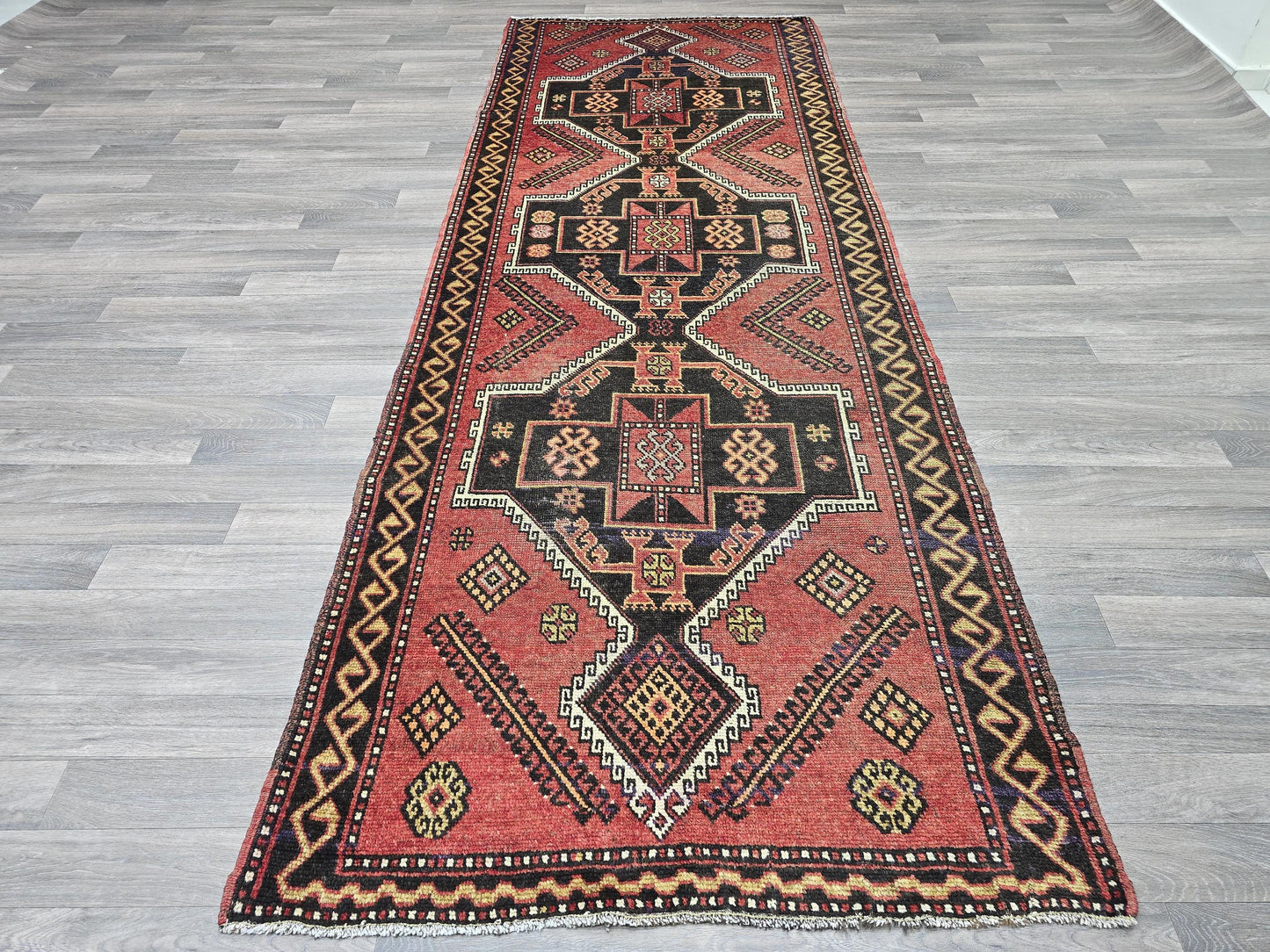 Turkish Runner Rug 4x10 Vintage Handwoven Wool Hallway Runner Red Black Geometric Tribal Oushak Carpet