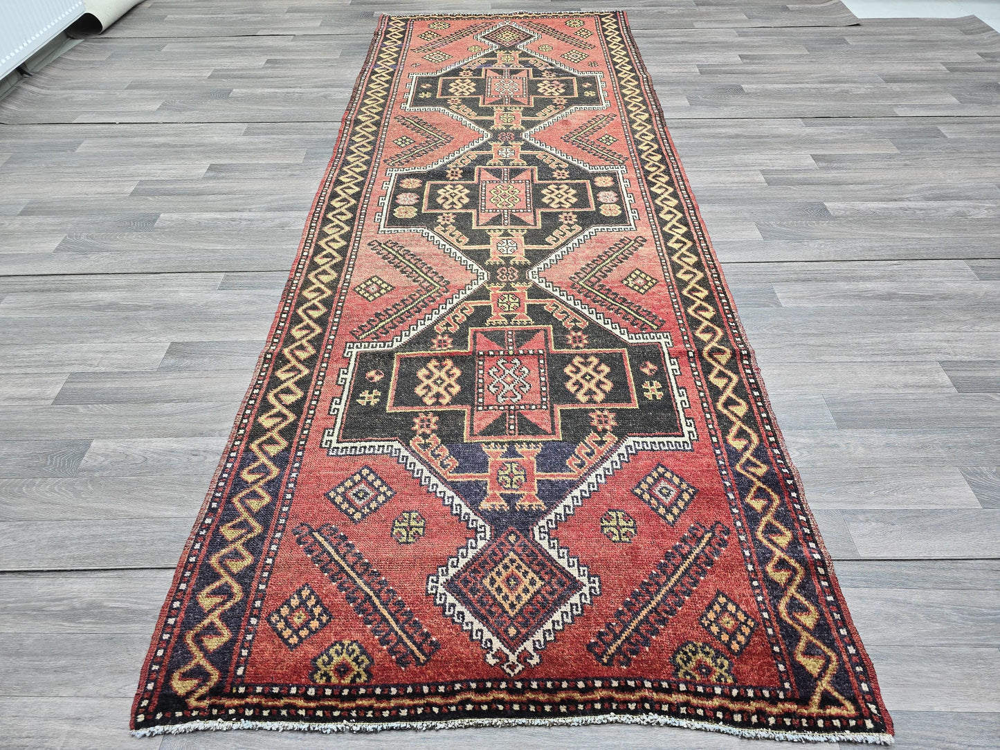 Turkish Runner Rug 4x10 Vintage Handwoven Wool Hallway Runner Red Black Geometric Tribal Oushak Carpet