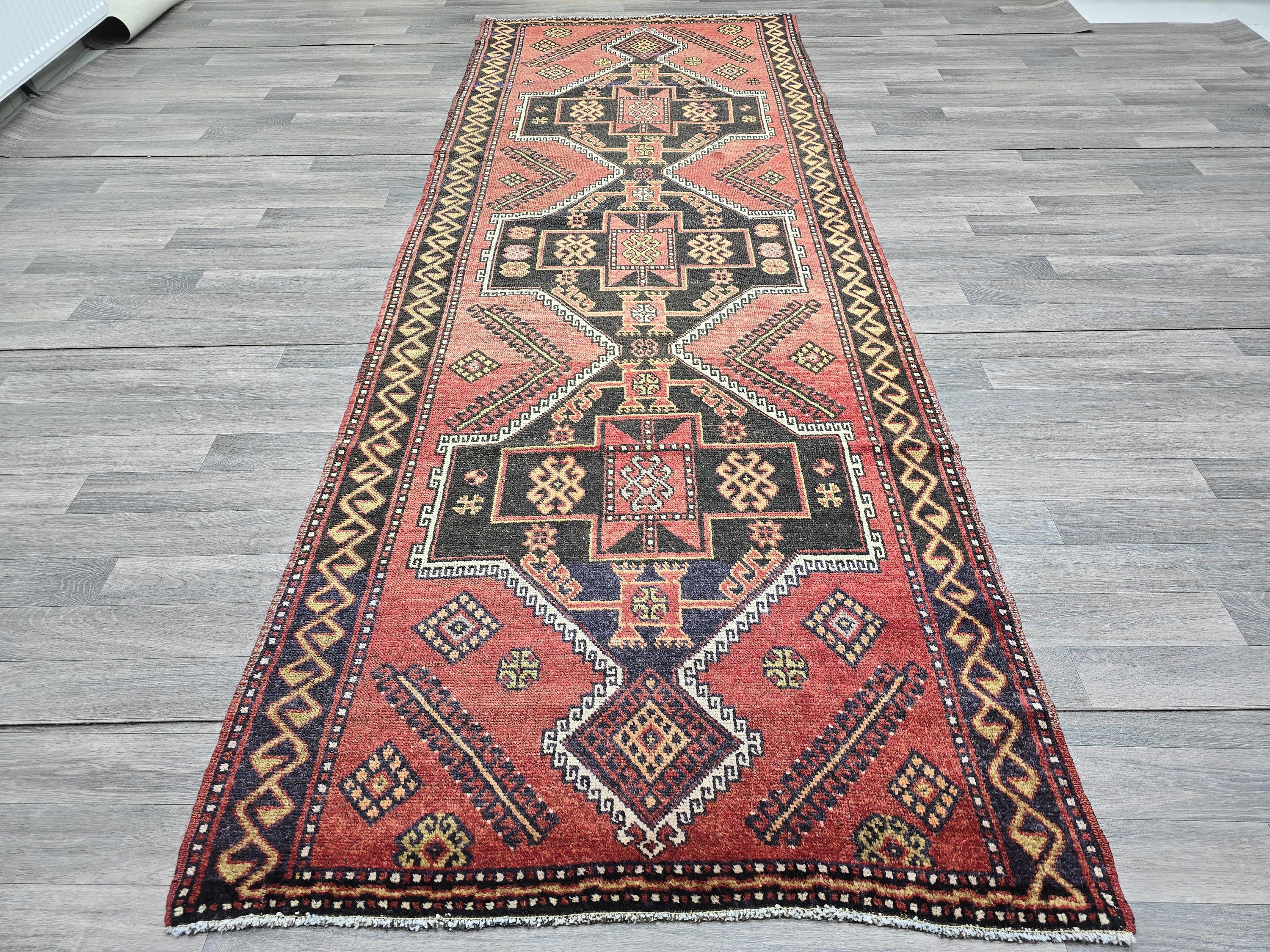 Vintage Turkish Runner Rug: 4x10 Handwoven Wool Oushak Hallway Carpet