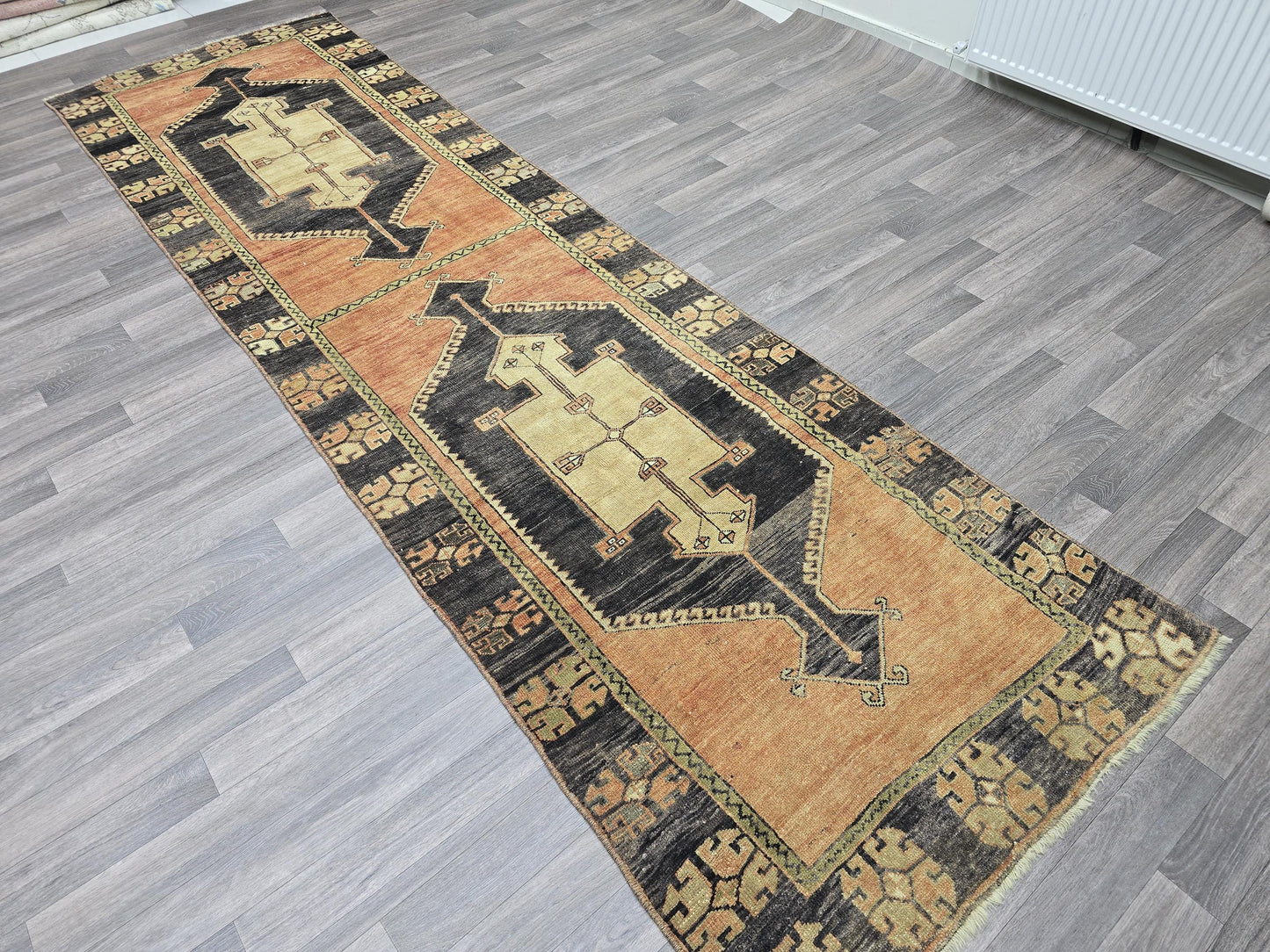 Long Vintage Persian Runner Rug 3.5x12 Handwoven Wool Hallway Carpet Orange Black Geometric Tribal Turkish Long Runner