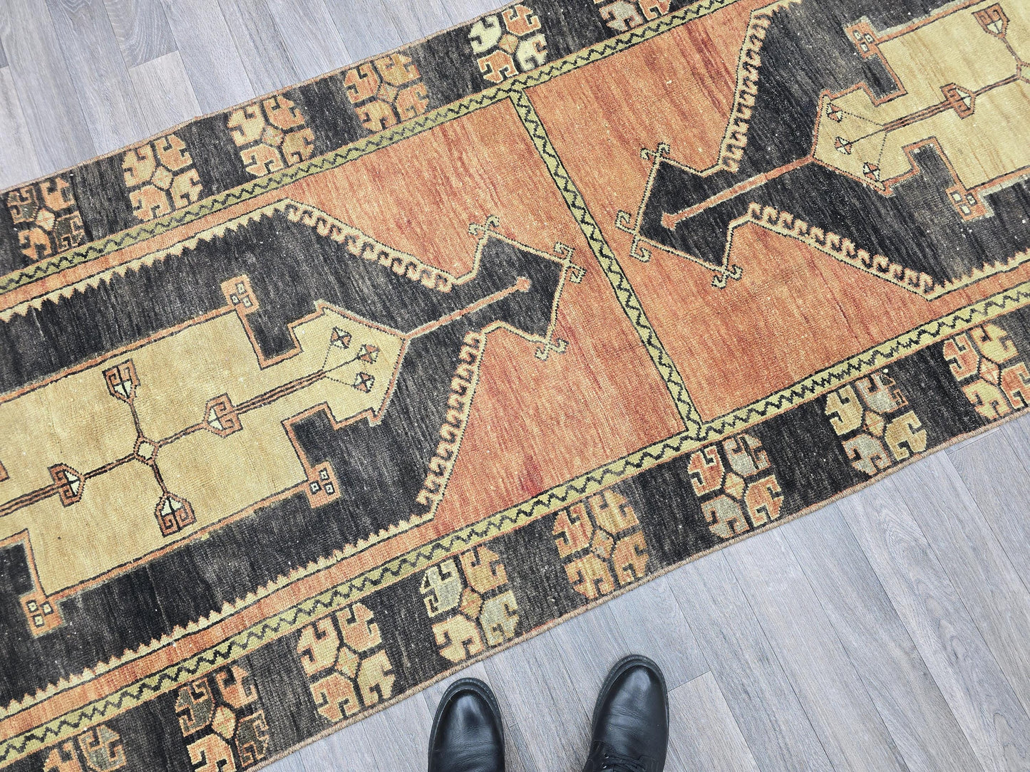 Long Vintage Persian Runner Rug 3.5x12 Handwoven Wool Hallway Carpet Orange Black Geometric Tribal Turkish Long Runner