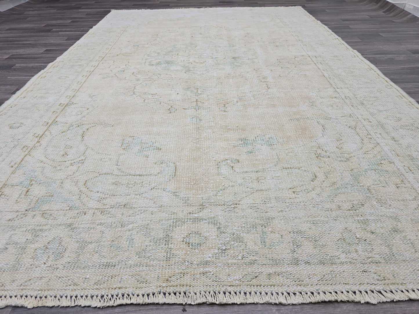 Vintage Oushak Rug 6x10 Cream Turkish Area Rug Faded Persian Carpet Muted Wool Rug Handknotted Living Room Dining Room Free Shipping