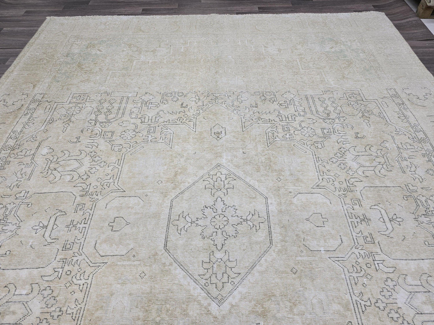 Oversized Neutral Oushak Rug: 9x12 Vintage Turkish Wool Carpet