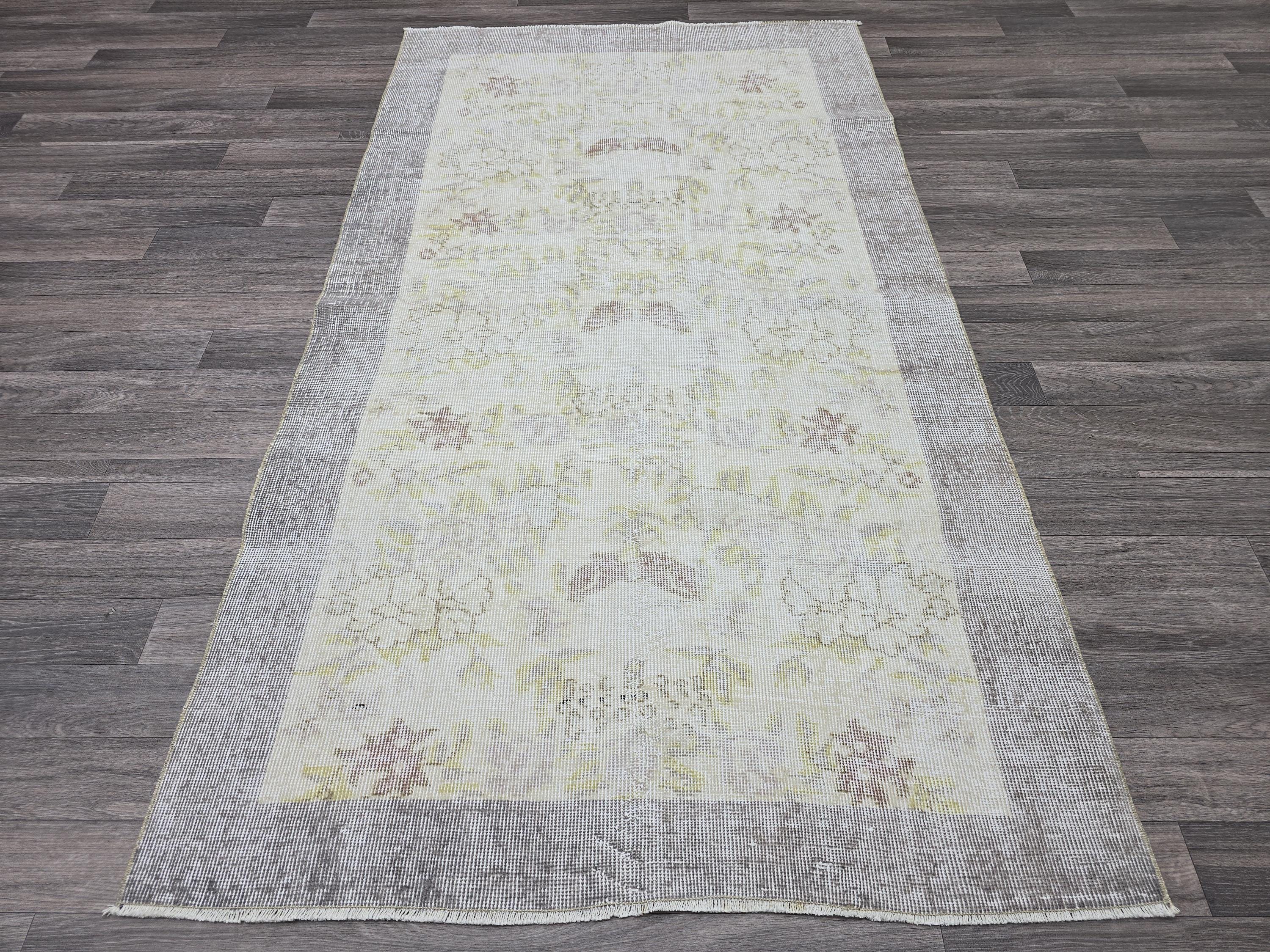 Vintage Oushak Rug: 4x7 Handknotted Wool Ivory Cream Floral Turkish Carpet