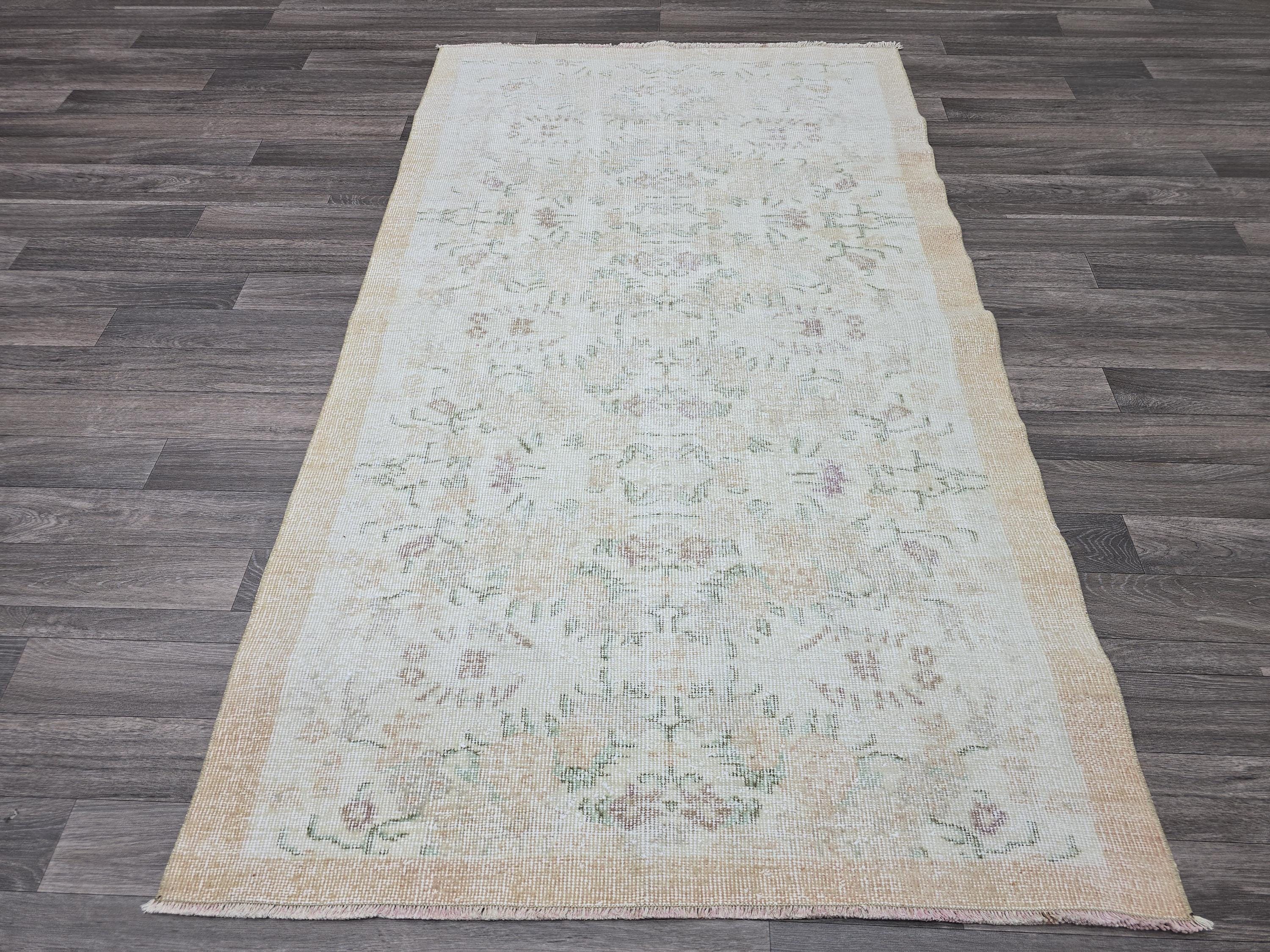 4x6 Vintage Turkish Oushak Rug: Hand-Knotted Wool, Cream Beige Floral