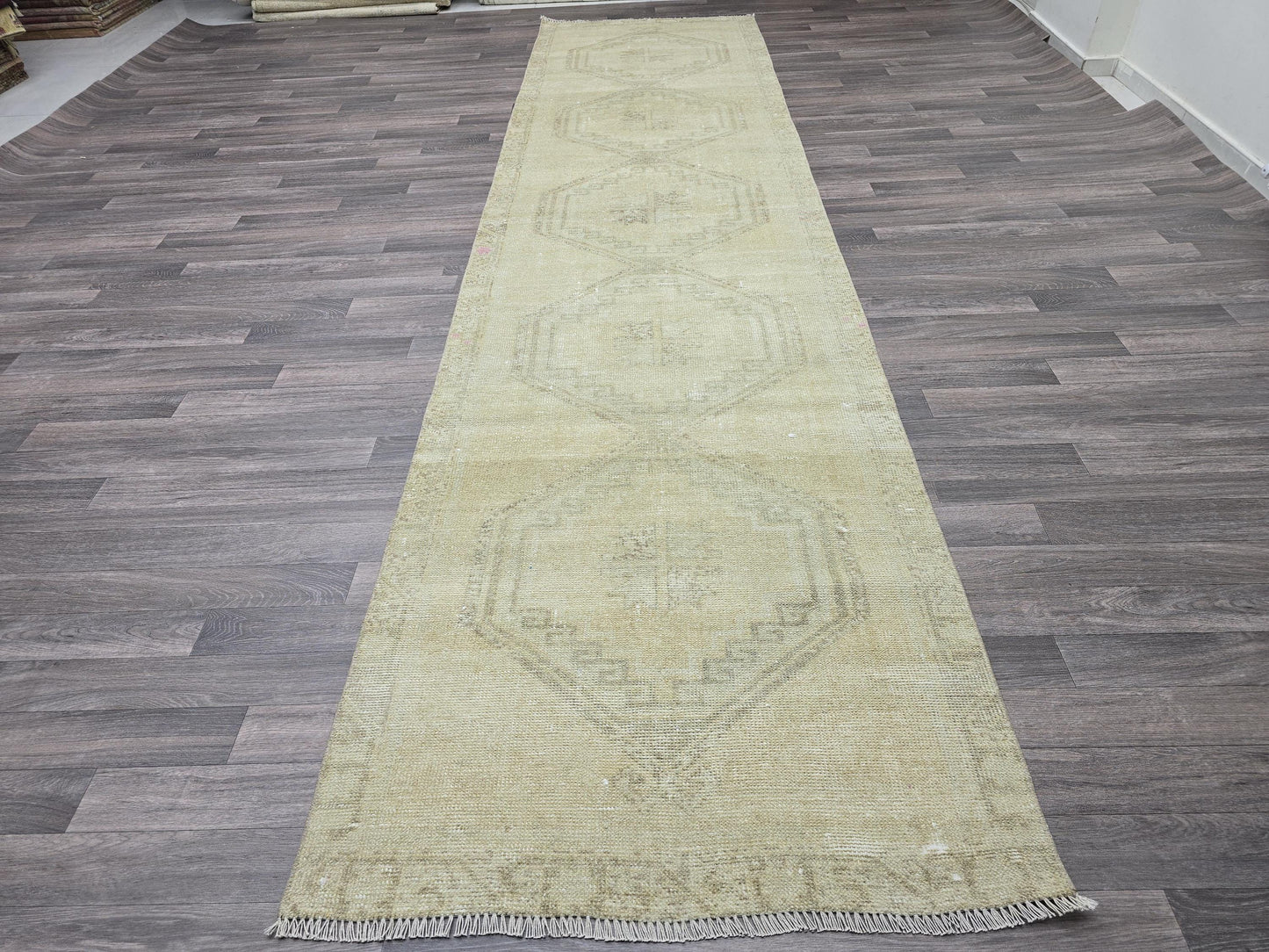 3x13 Vintage Turkish Runner Rug 3x13 ft Muted Oushak Hallway Runner Beige Cream Wool Rug Extra Long Runner Carpet