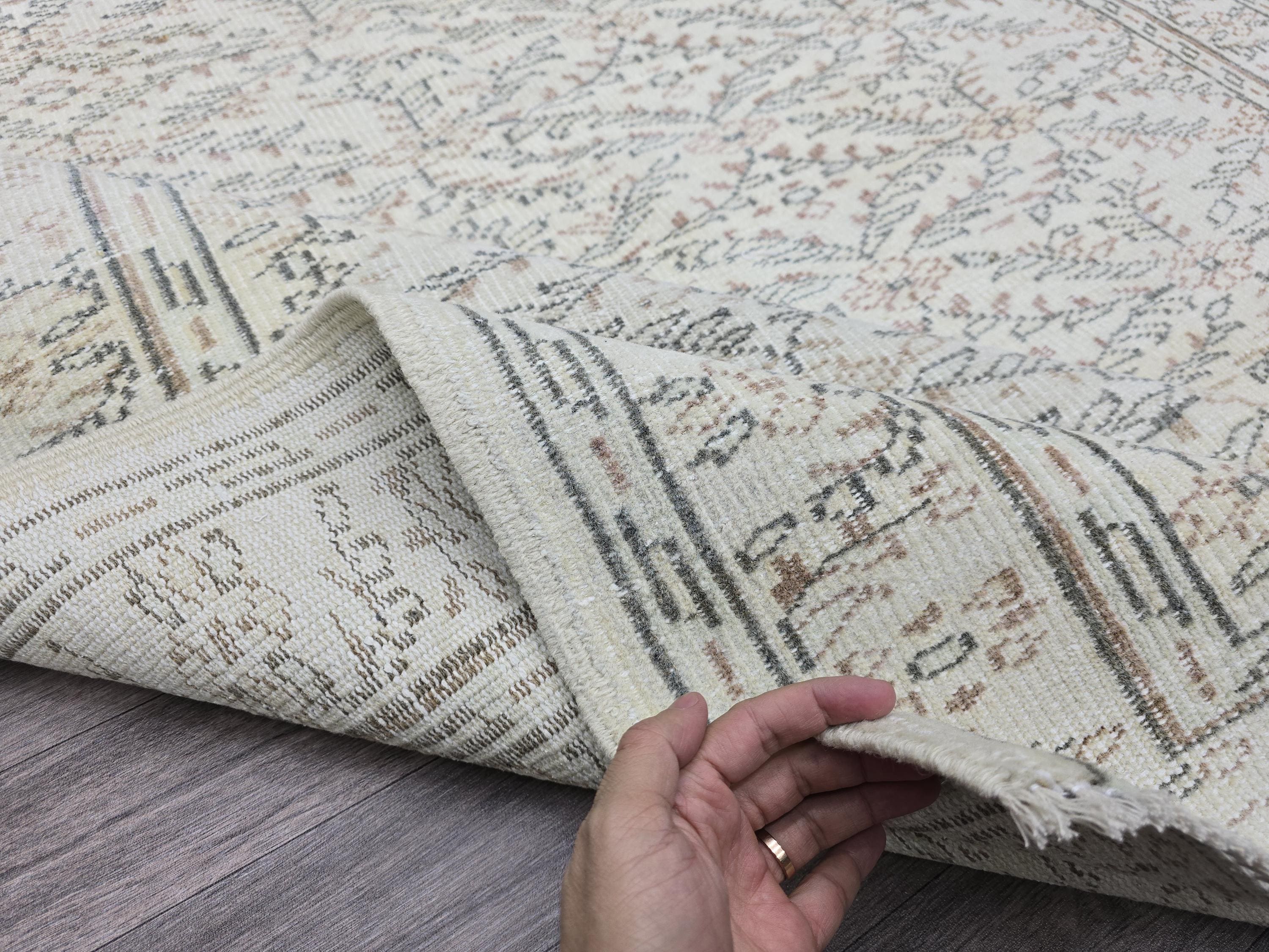6x9 Vintage Turkish Oushak Rug: Handmade Wool Ivory Beige Carpet