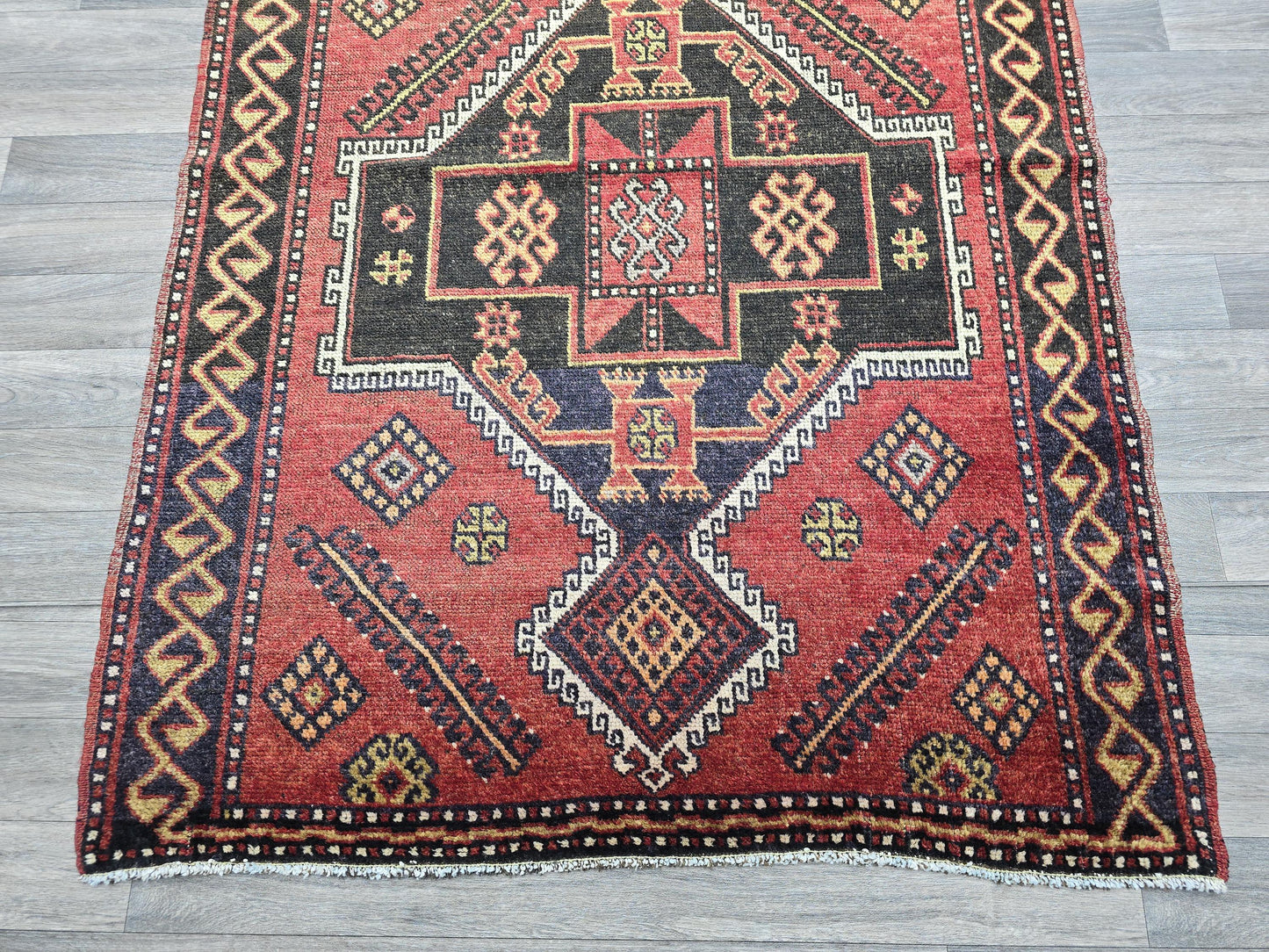 Turkish Runner Rug 4x10 Vintage Handwoven Wool Hallway Runner Red Black Geometric Tribal Oushak Carpet