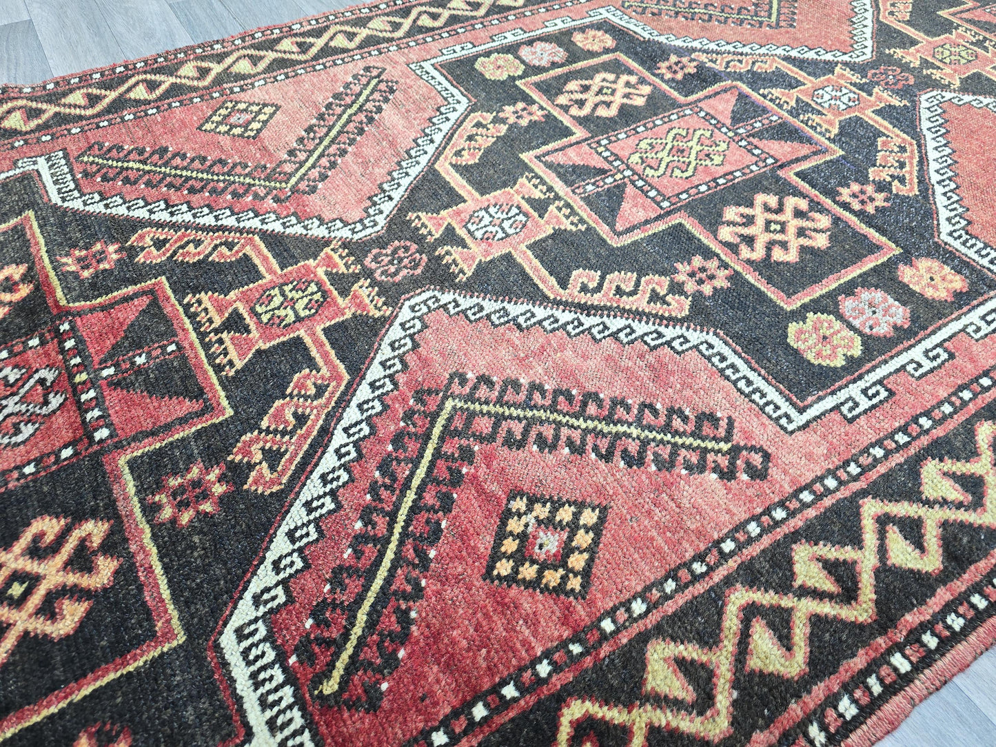 Turkish Runner Rug 4x10 Vintage Handwoven Wool Hallway Runner Red Black Geometric Tribal Oushak Carpet
