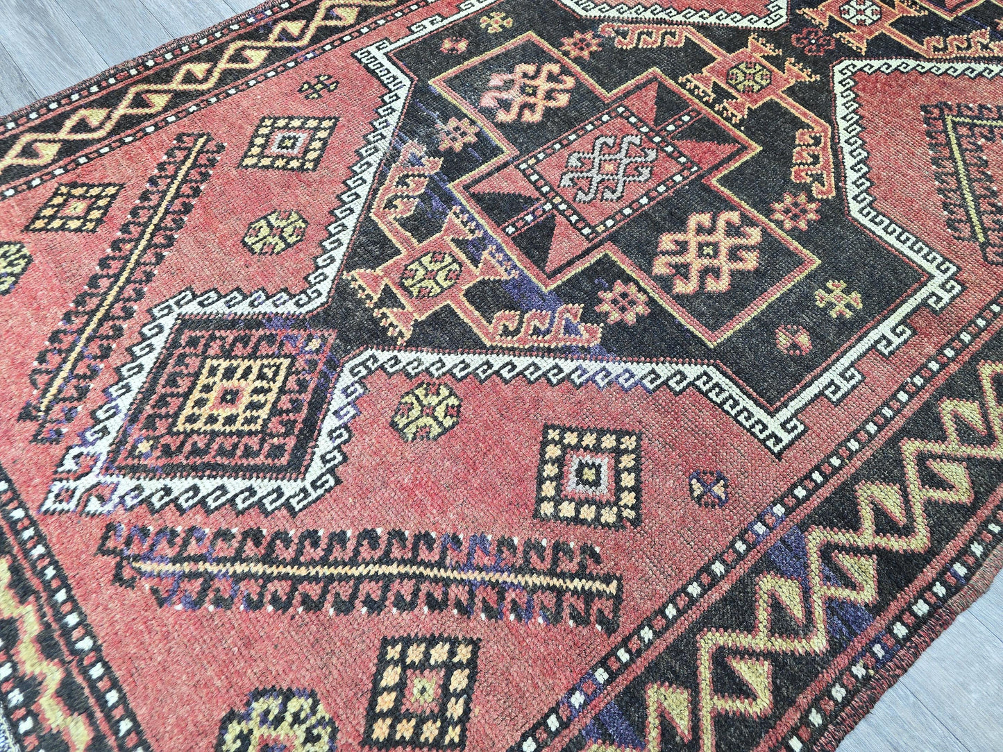 Turkish Runner Rug 4x10 Vintage Handwoven Wool Hallway Runner Red Black Geometric Tribal Oushak Carpet