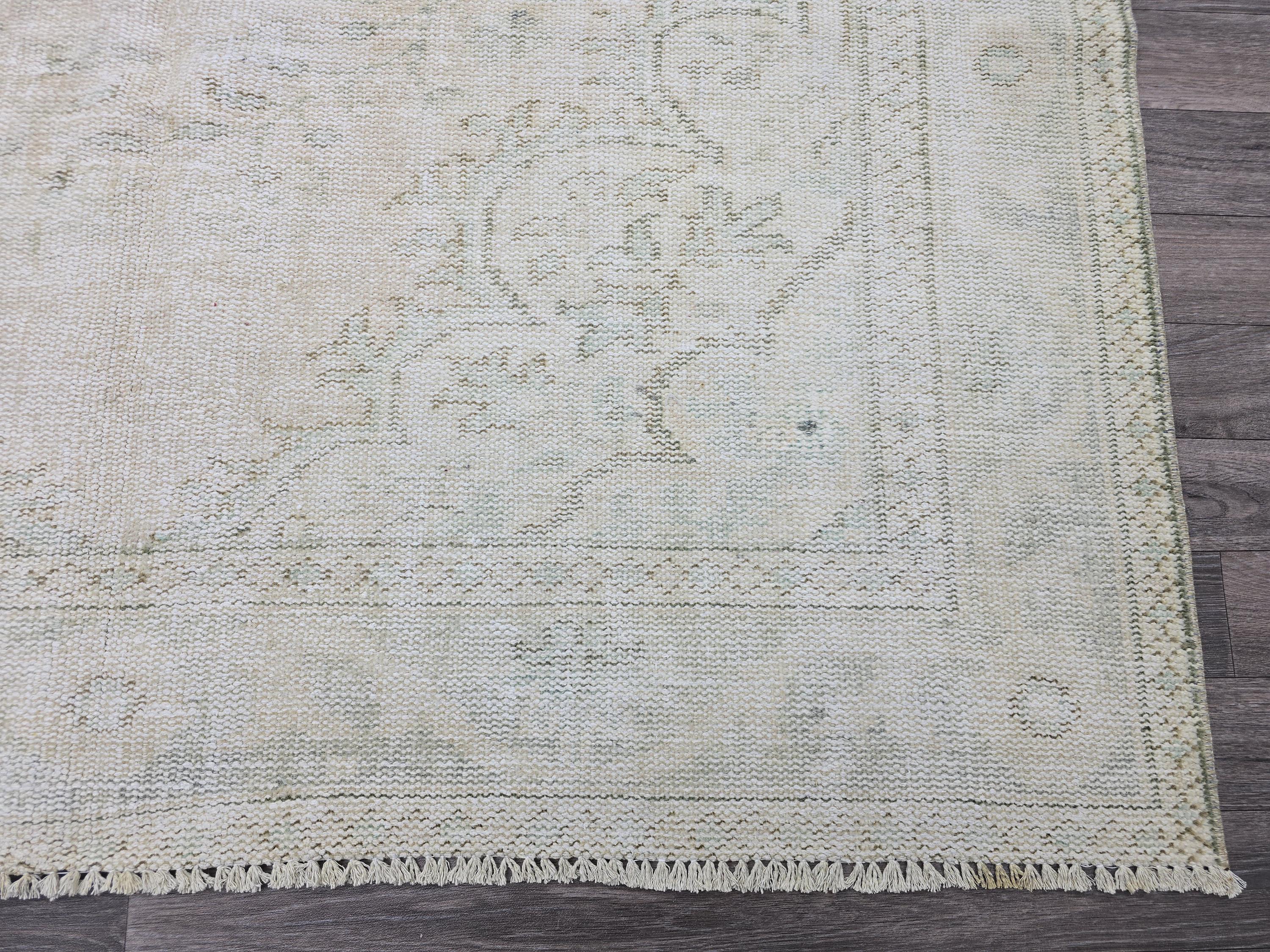 6x10 Vintage Oushak Rug: Hand-Knotted Wool Persian Cream Carpet