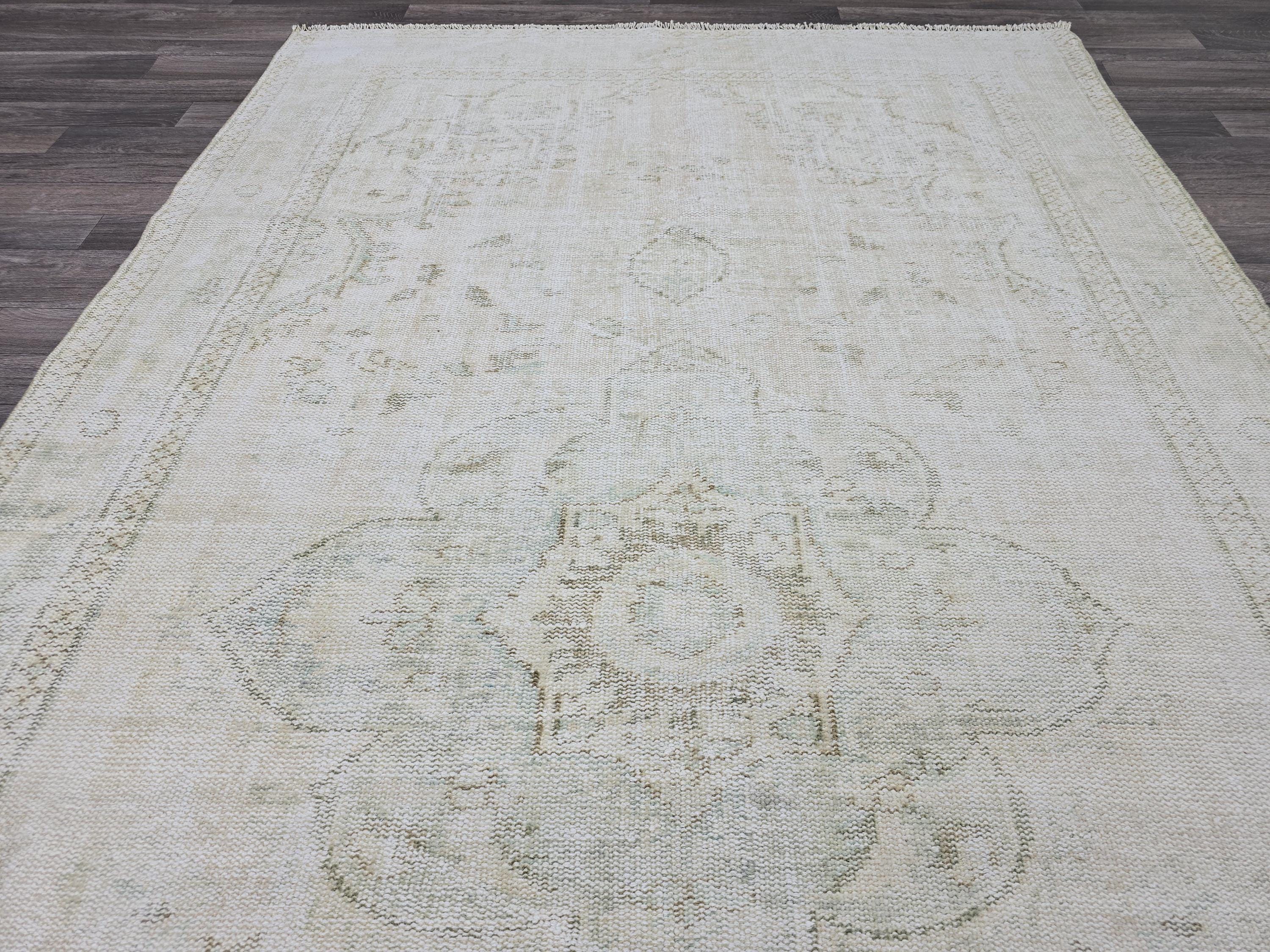 6x10 Vintage Oushak Rug: Hand-Knotted Wool Persian Cream Carpet