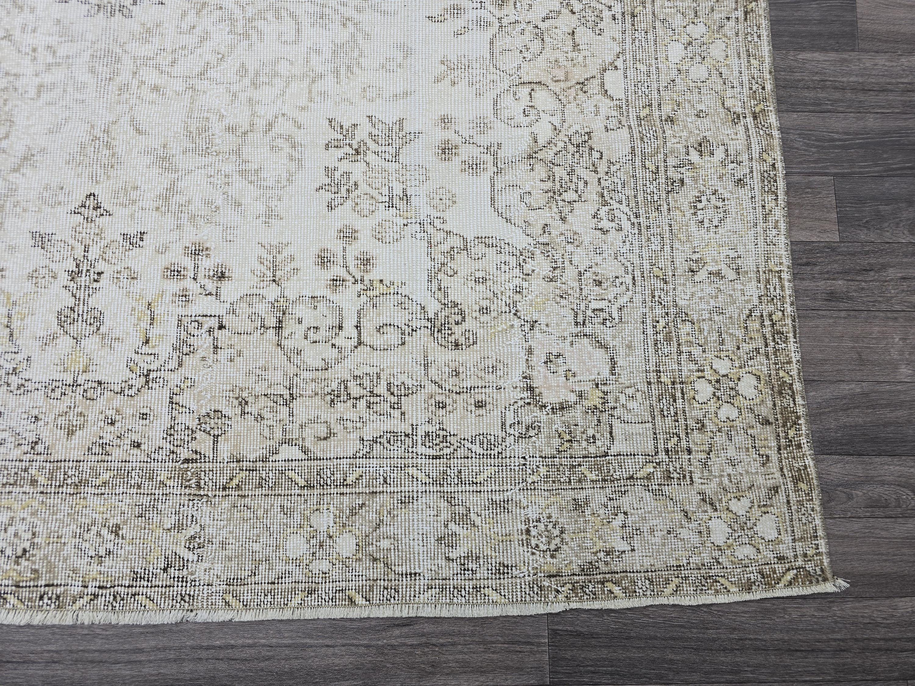 Vintage Turkish Oushak Rug: 6.5x9.5 ft, Beige Wool Floral Carpet