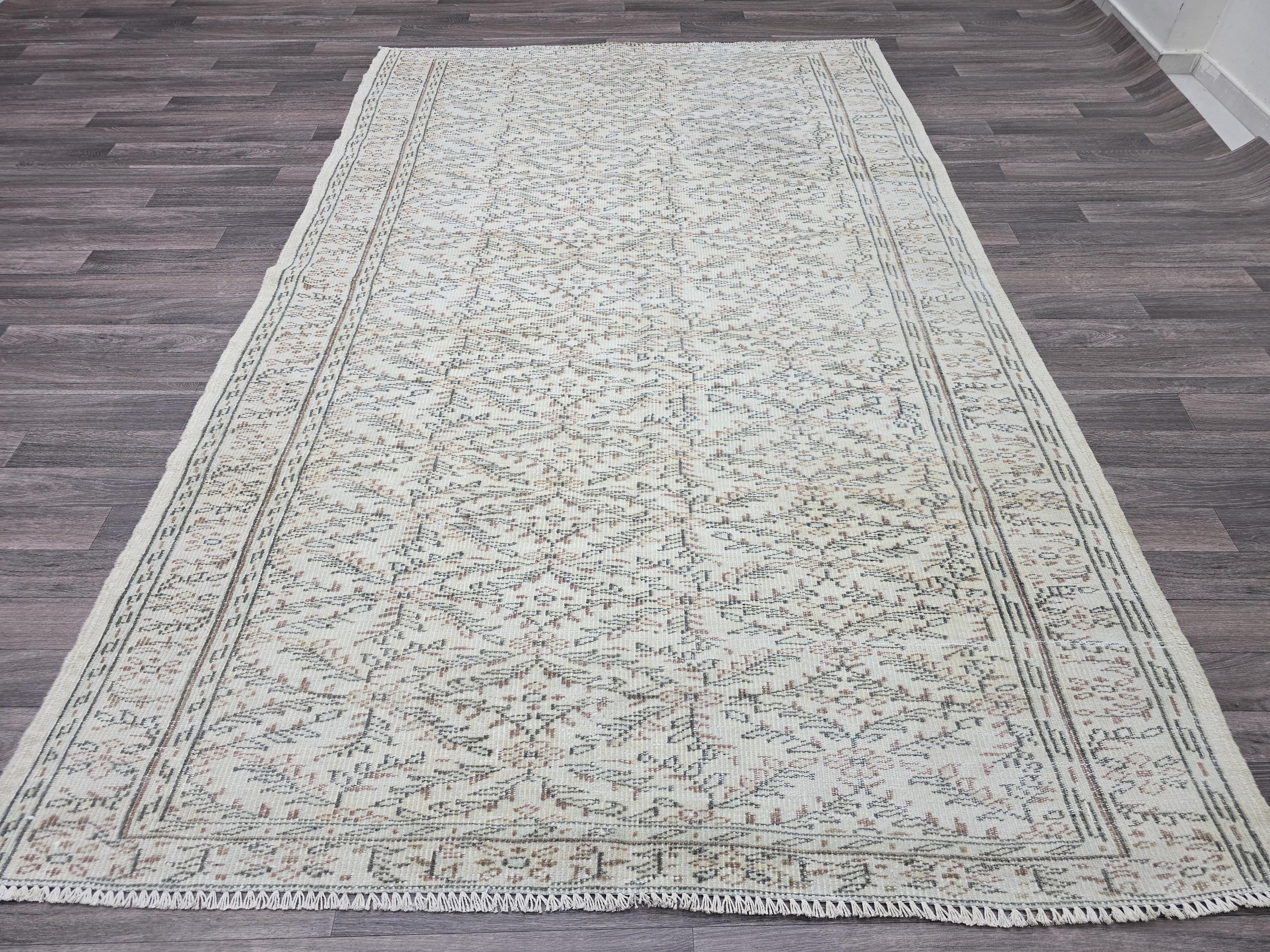6x9 Vintage Turkish Oushak Rug: Handmade Wool Ivory Beige Carpet