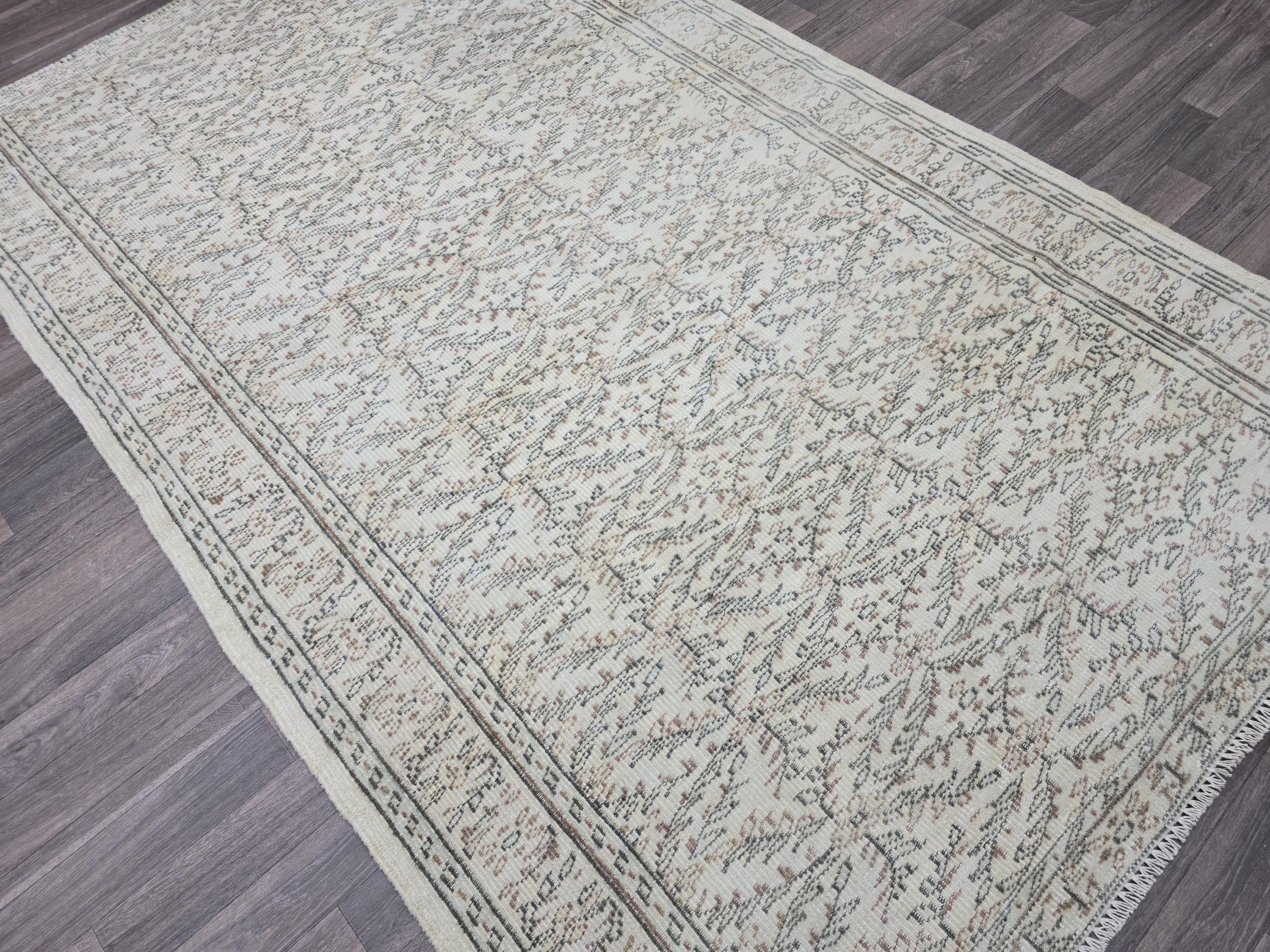 6x9 Vintage Turkish Oushak Rug: Handmade Wool Ivory Beige Carpet