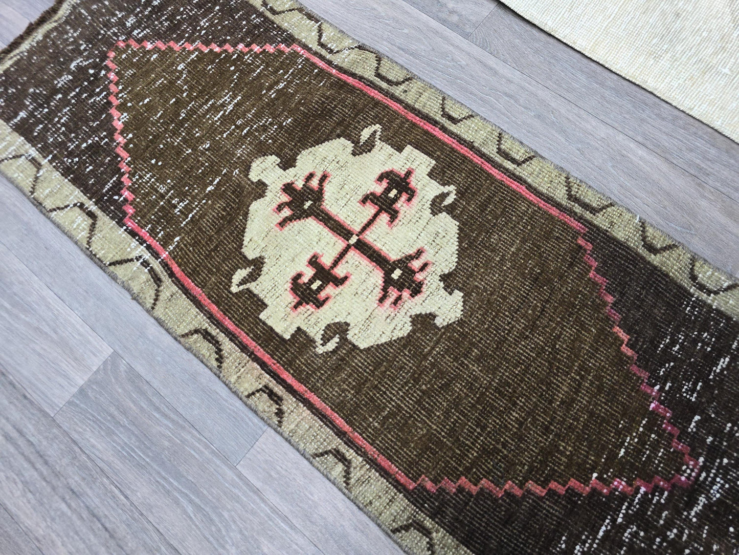 Vintage Turkish Doormat Brown Pink 1x3 - Hand Knotted Wool Small Rug - Tribal Persian Entry Rug - Boho Bathroom Mat 47x110cm