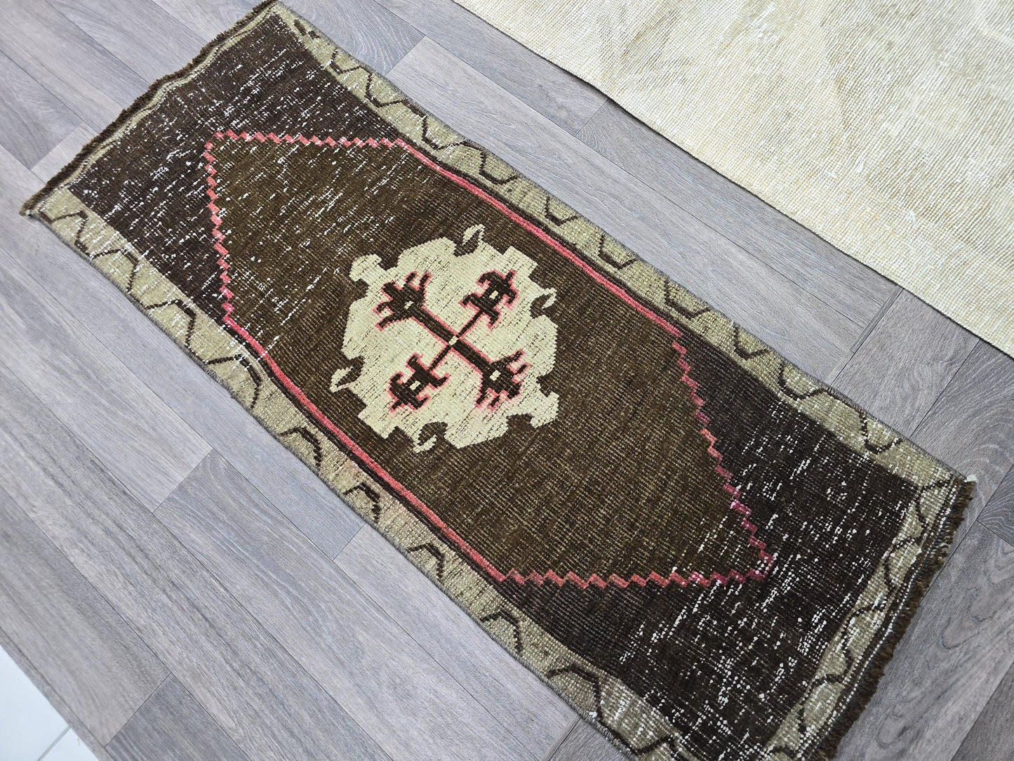 Vintage Turkish Doormat Brown Pink 1x3 - Hand Knotted Wool Small Rug - Tribal Persian Entry Rug - Boho Bathroom Mat 47x110cm