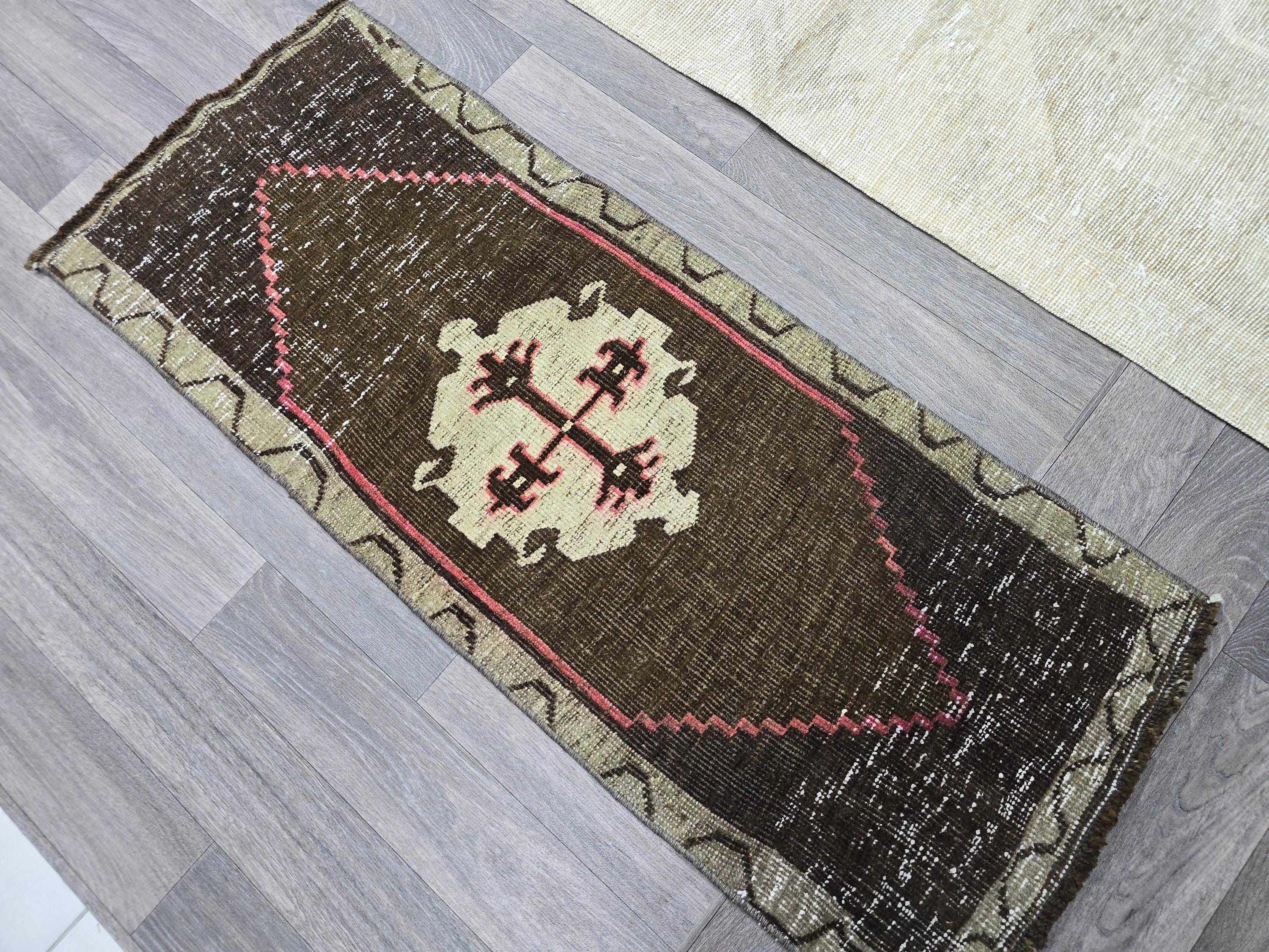 Vintage Hand-Knotted Turkish Wool Rug: Brown Tribal Medallion Entry Mat (1x3 ft)