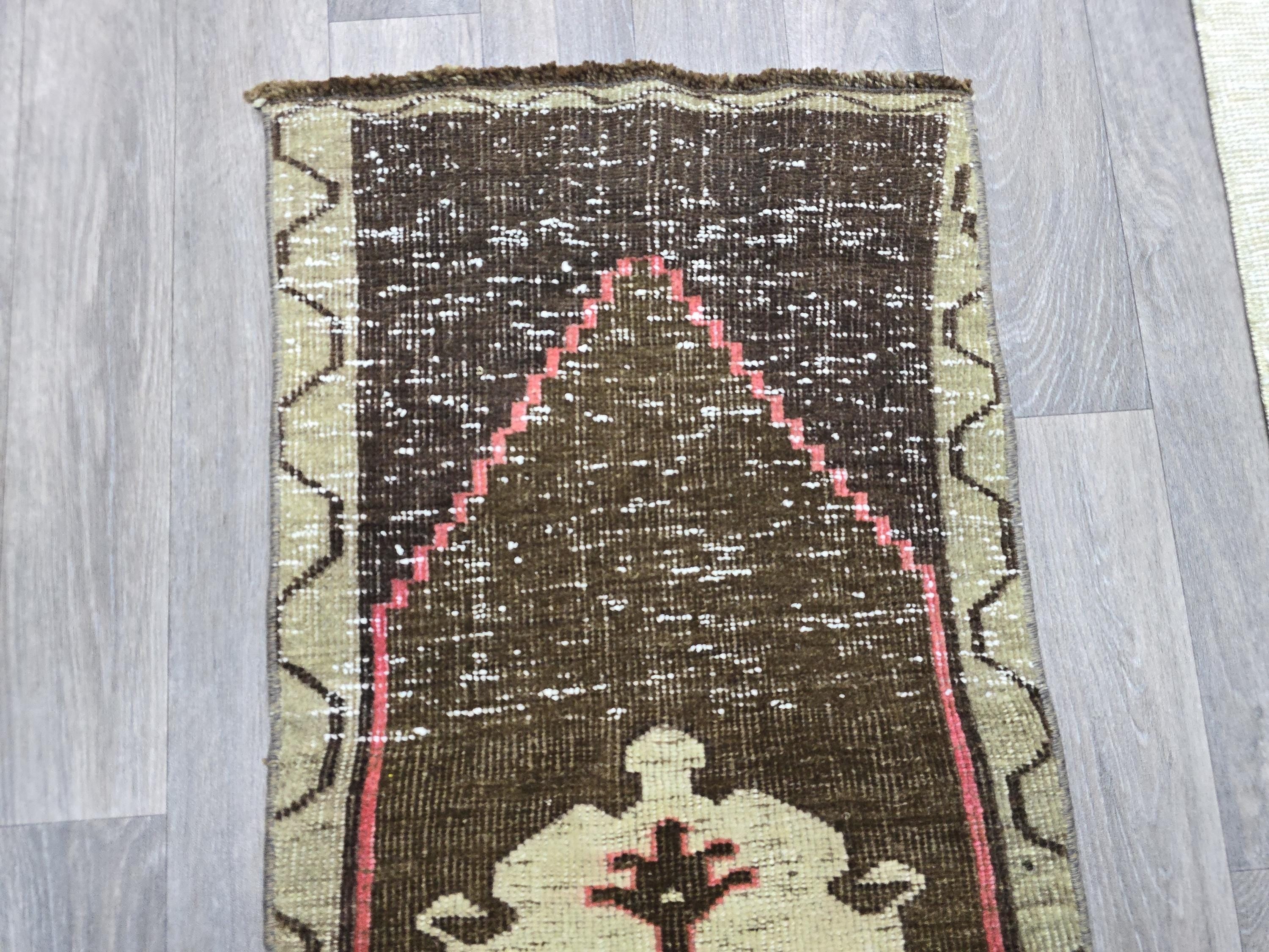 Vintage Hand-Knotted Turkish Wool Rug: Brown Tribal Medallion Entry Mat (1x3 ft)