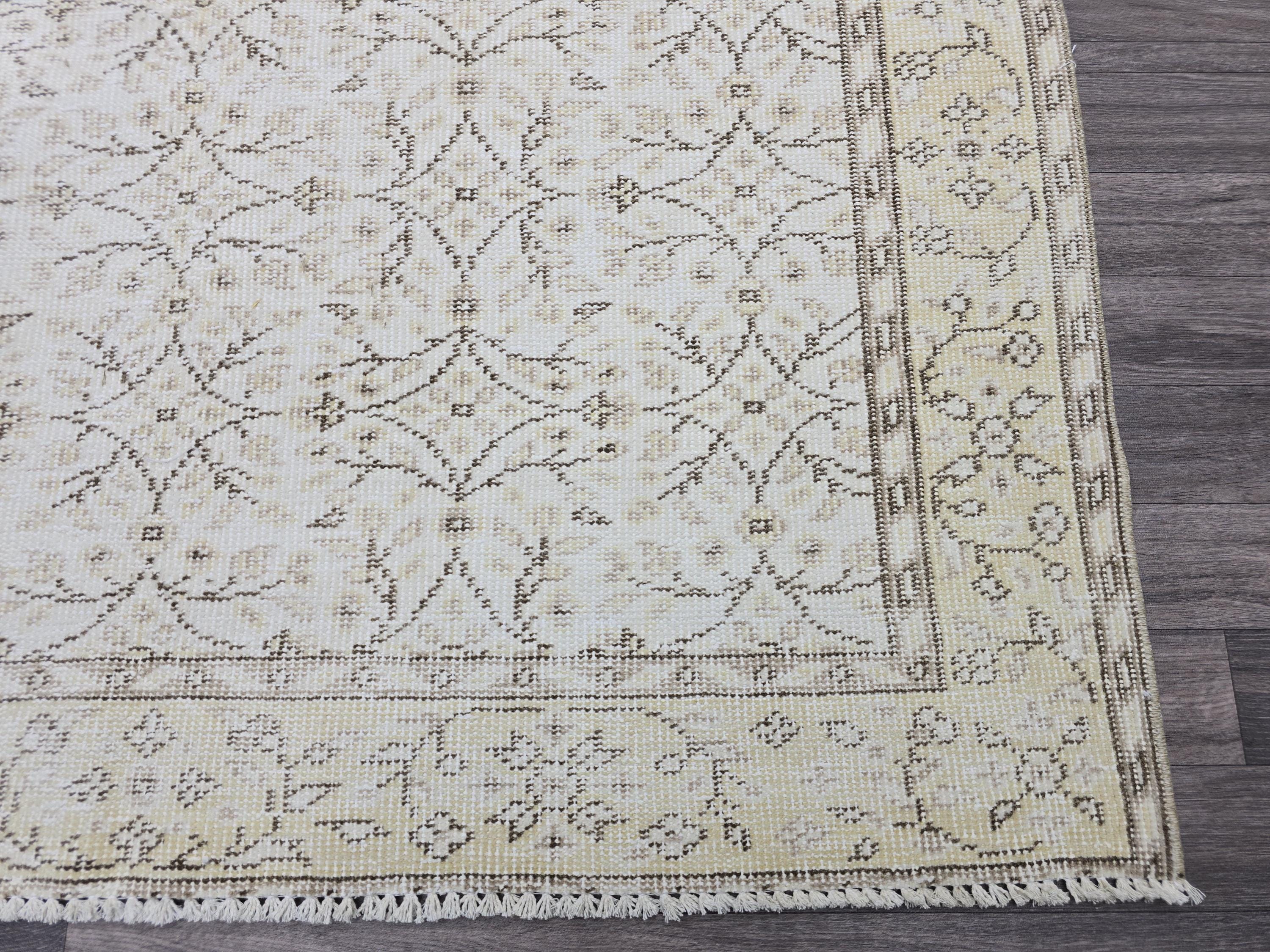 5x9 Vintage Turkish Oushak Rug: Hand-Knotted Wool, Cream Neutral Carpet