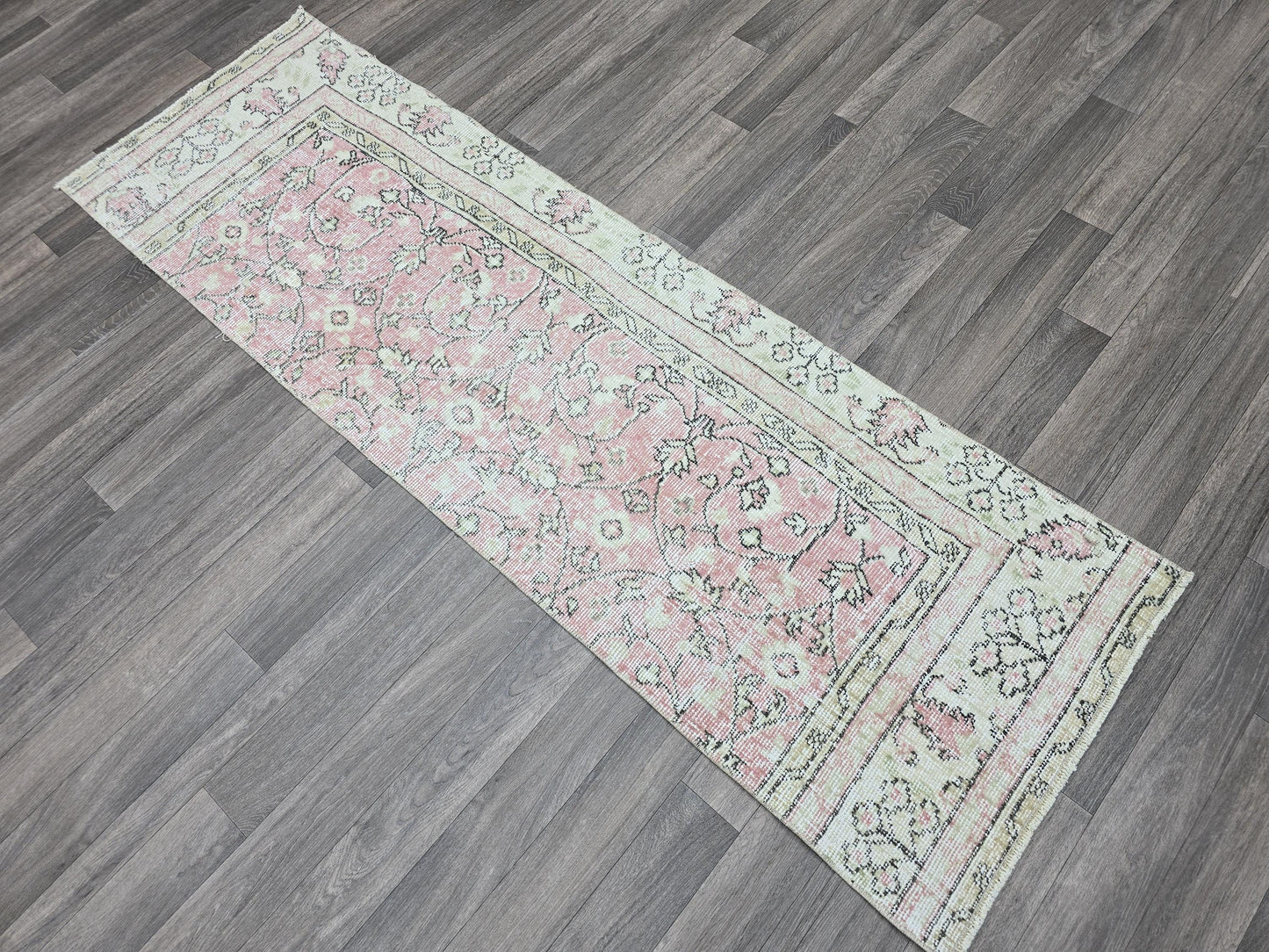 Vintage Turkish Runner Rug: Pink Oushak Wool Hallway Carpet