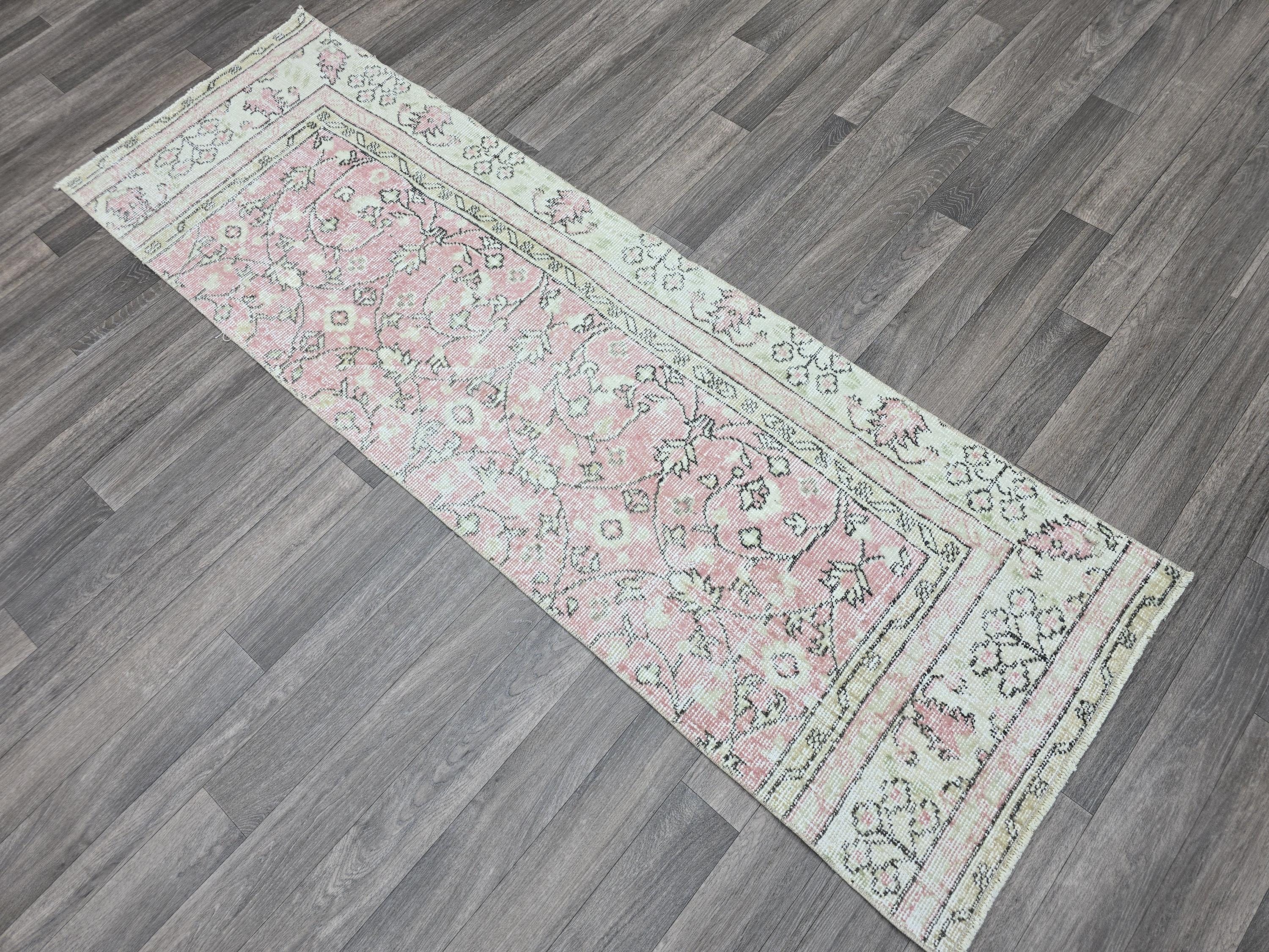 Vintage Turkish Runner Rug: Pink Oushak Wool Hallway Carpet