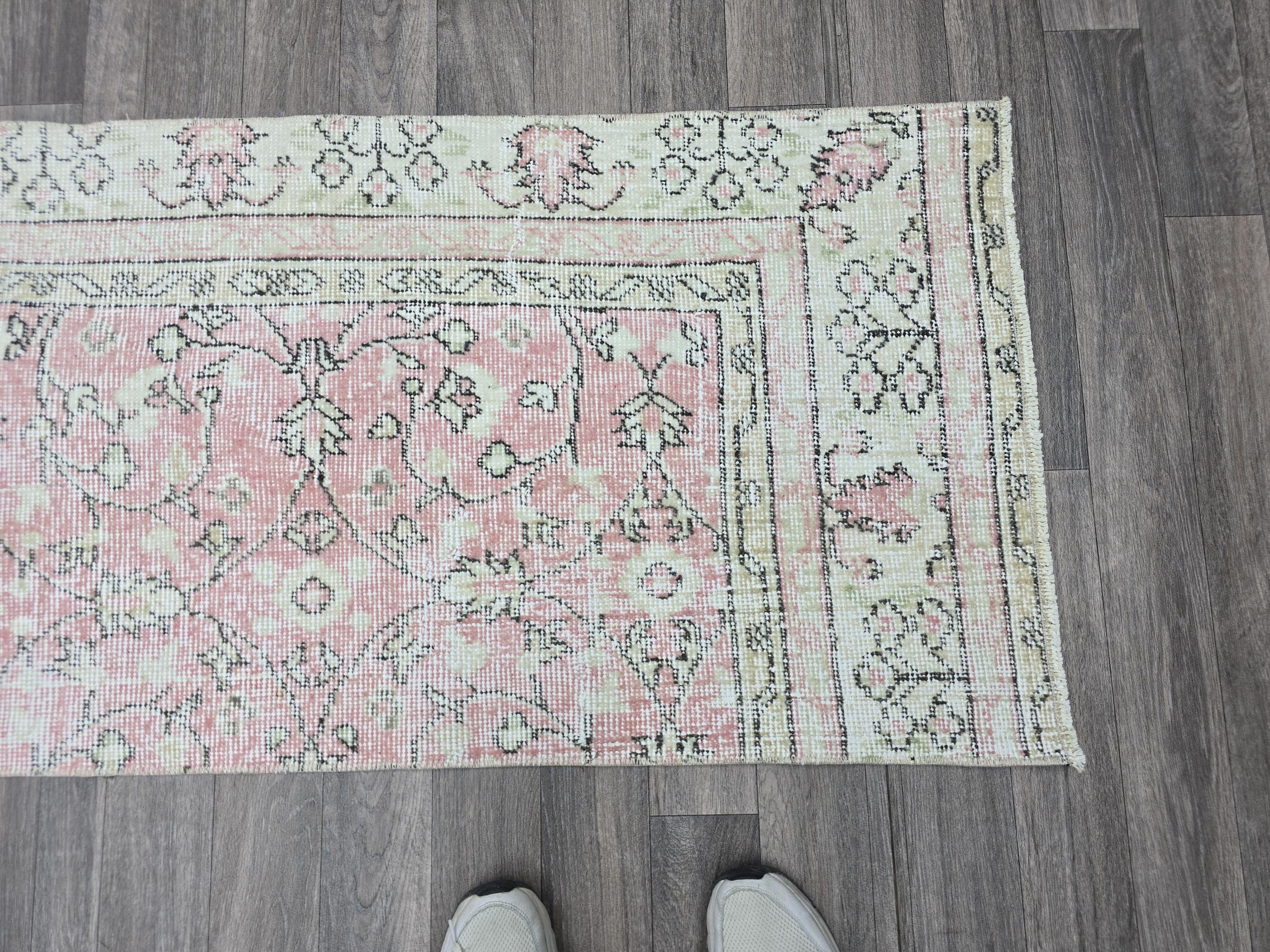 Vintage Turkish Runner Rug: Pink Oushak Wool Hallway Carpet
